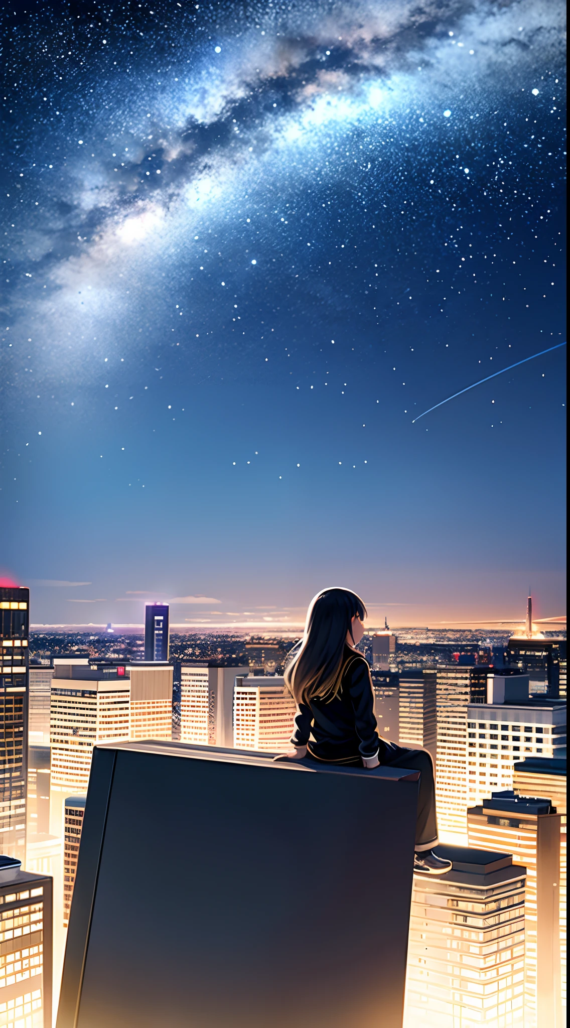 octane, sky, Star (sky), scenery, Starry sky, Night, 1girll, Night sky, Solo, Outdoors, signatures, Building, Cloud, Milky Way, Sitting, tree, Long hair, City, Silhouette, Cityscape