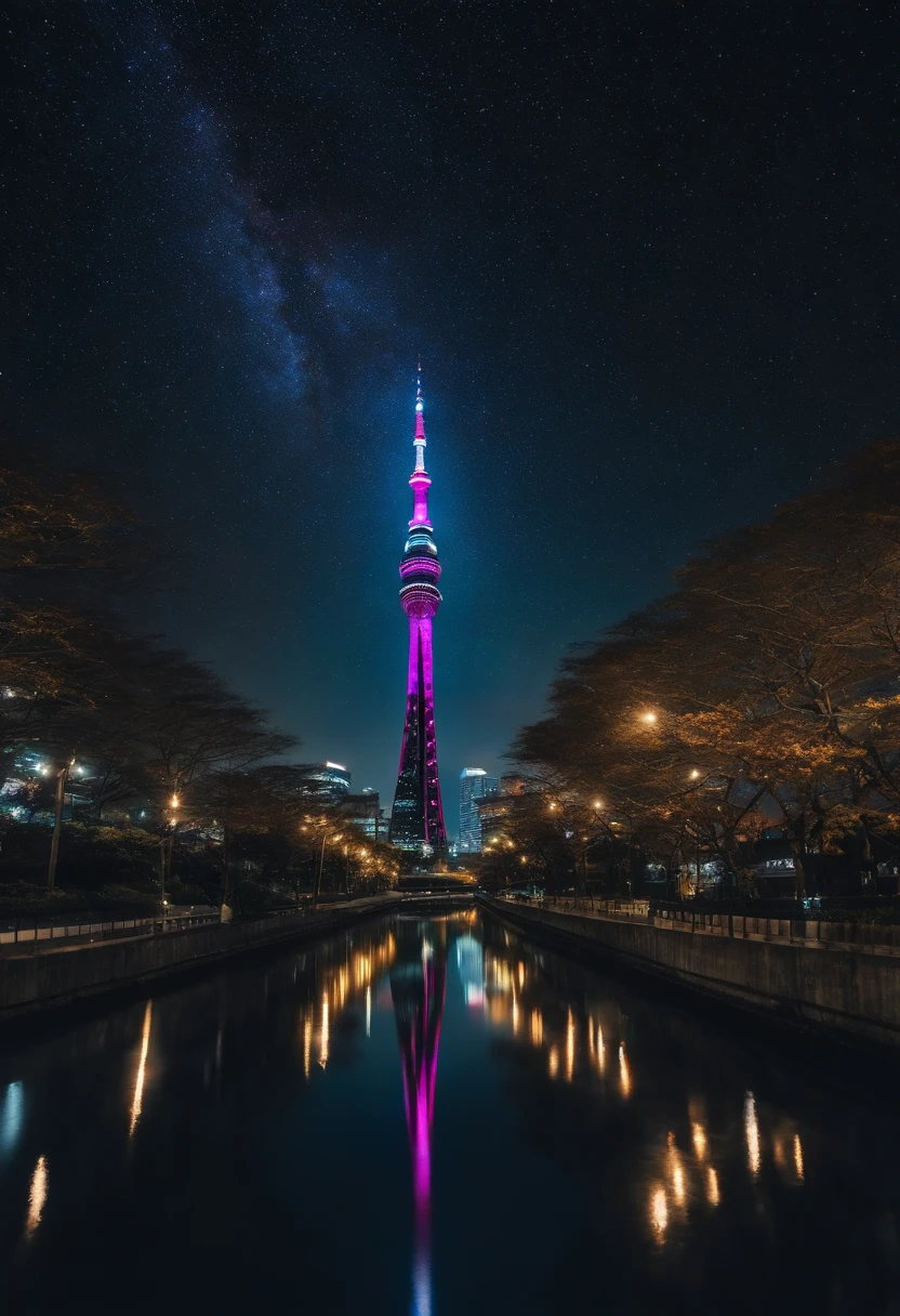 Stand on the Tokyo Skytree、20-year-old woman、nighttime scene、Milky Way Galaxy、Andromeda Nebula、tokyo streets、Flowing Lines of Light、