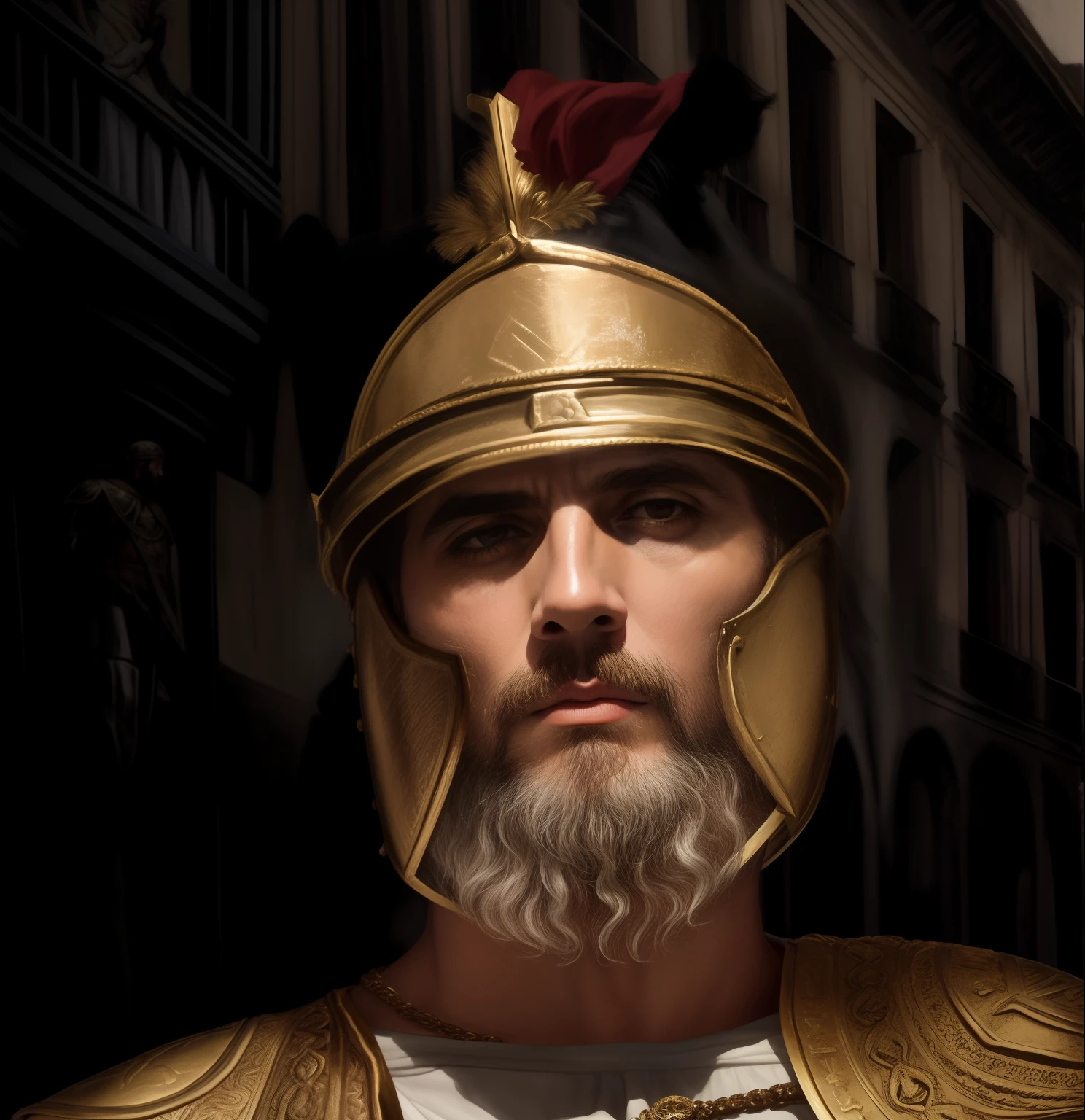 Homem de capacete e armadura de ouro com barba, Imperador Romano, roman centurion, vestido com armadura espartana, Soldado antigo, inspired by Caesar Andrade Faini, com barba leonidas, Homem de Roma Antiga, Roman legionary, gladiador romano, inspirado em Roman Bezpalkiv, vestido com armadura romana, guerreiro espartano, rosto estoico