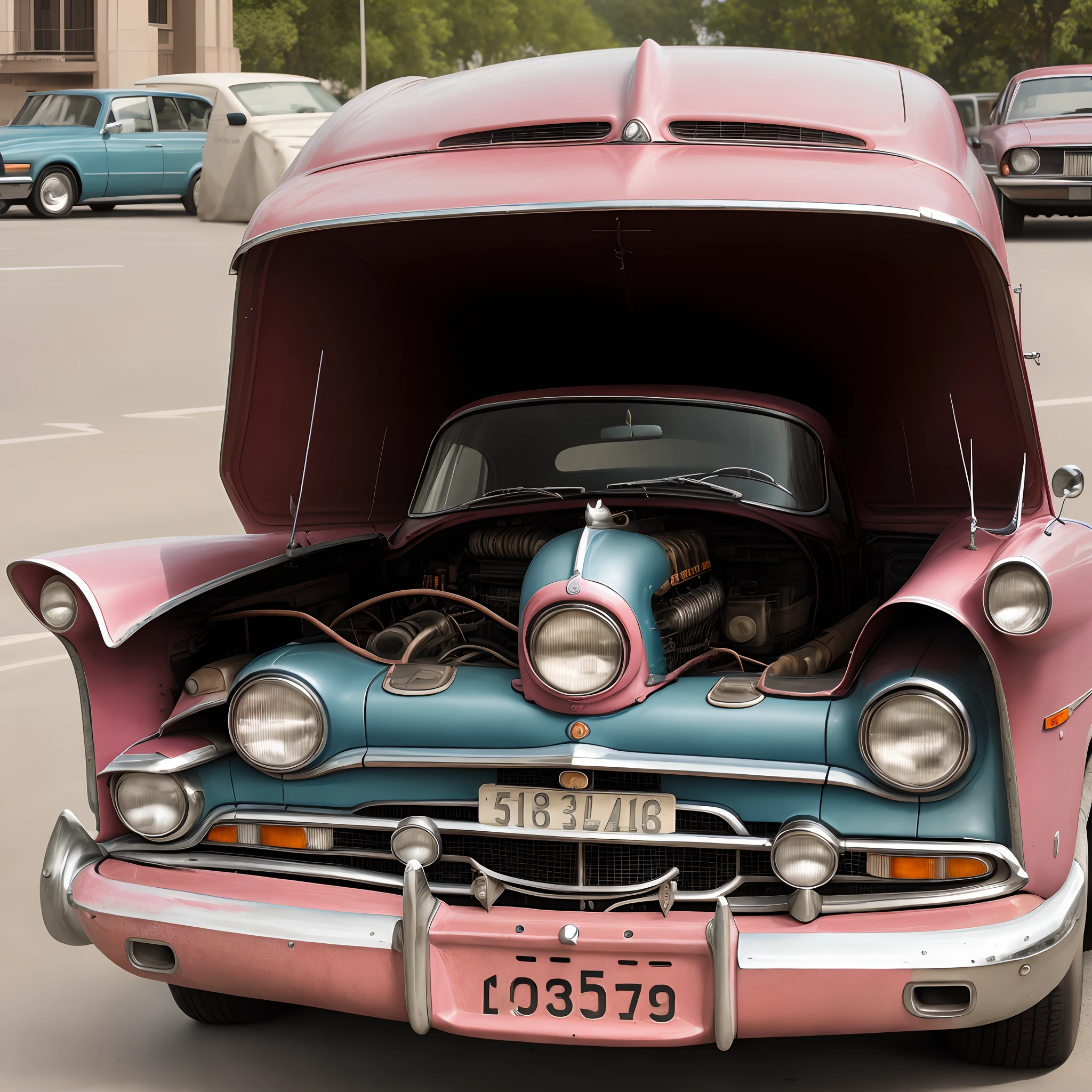 A pink worn-out classic car
