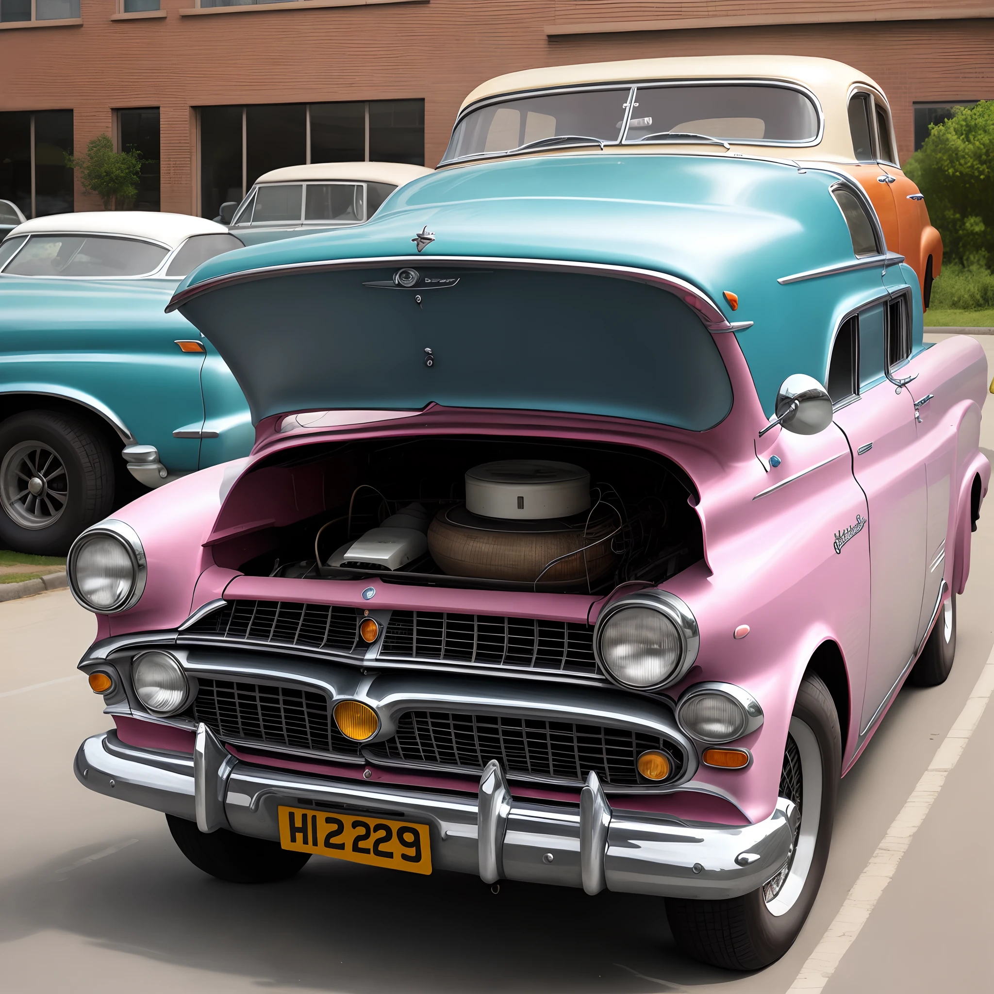 A pink worn-out classic car