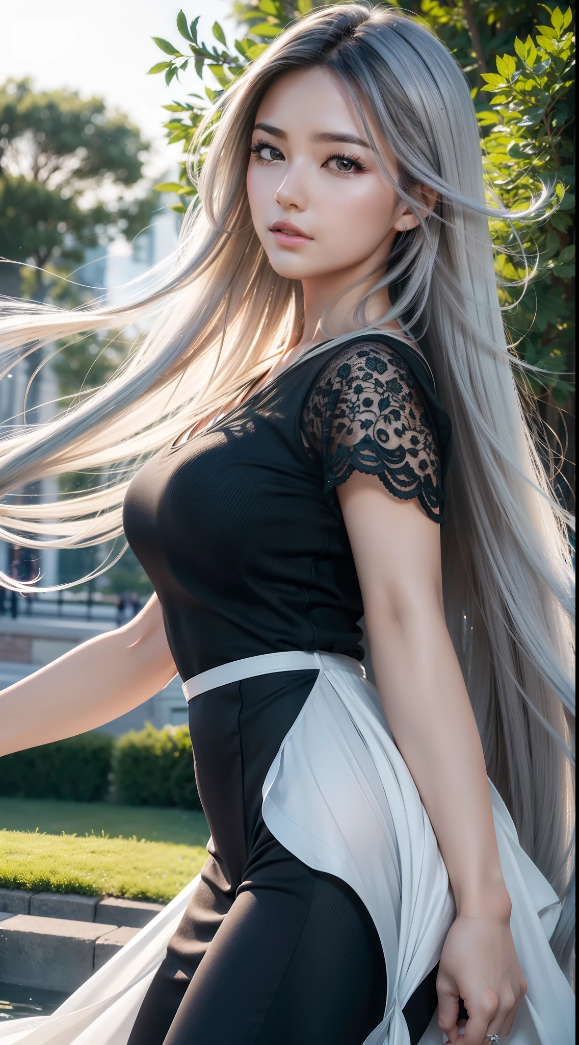 (Best quality,A high resolution,Ultra-detailed,Photorealistic:1.2),Beautiful silver to black gradient waves flowing in the breeze, Long flowing hair blows gracefully onto the woman's face, Vibrant flowers in the background of the park, Close-up shot, Elegant high kicking stance