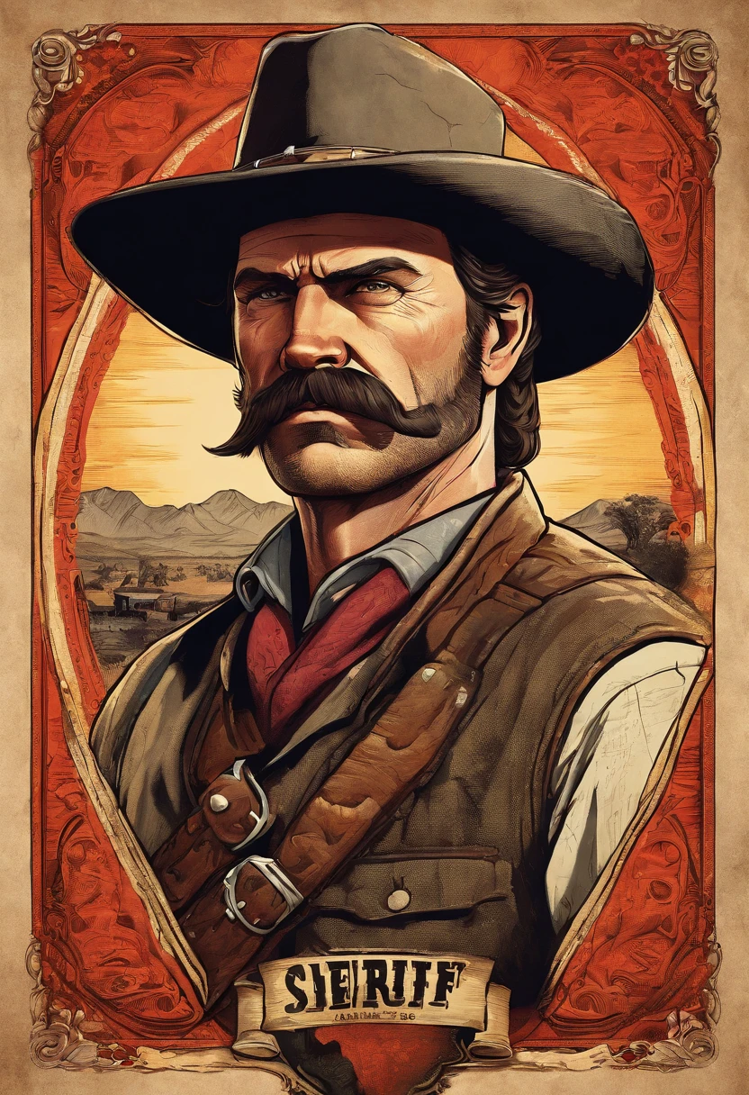 Full body picture of sheriff Curtis Malloy from Red Dead Redemption 2, detailed portrait, vintage illustration, high-res, realistic colors, intricate drawing, aged paper texture, vibrant colors, dramatic lighting, full body shot, Nevada hat, nothing but mustache, full body from bottom to top