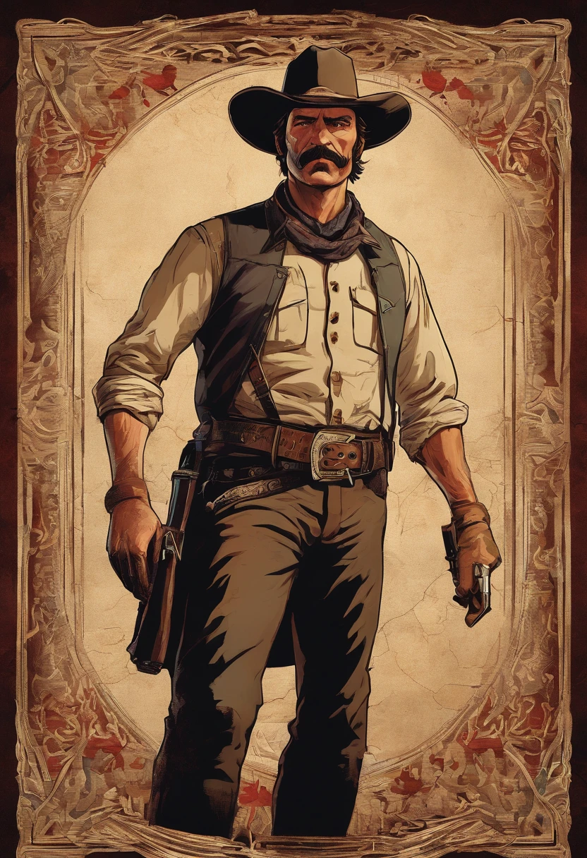 Full body picture of sheriff Curtis Malloy from Red Dead Redemption 2, detailed portrait, vintage illustration, high-res, realistic colors, intricate drawing, aged paper texture, vibrant colors, dramatic lighting, full body shot, Nevada hat, nothing but mustache, full body from bottom to top