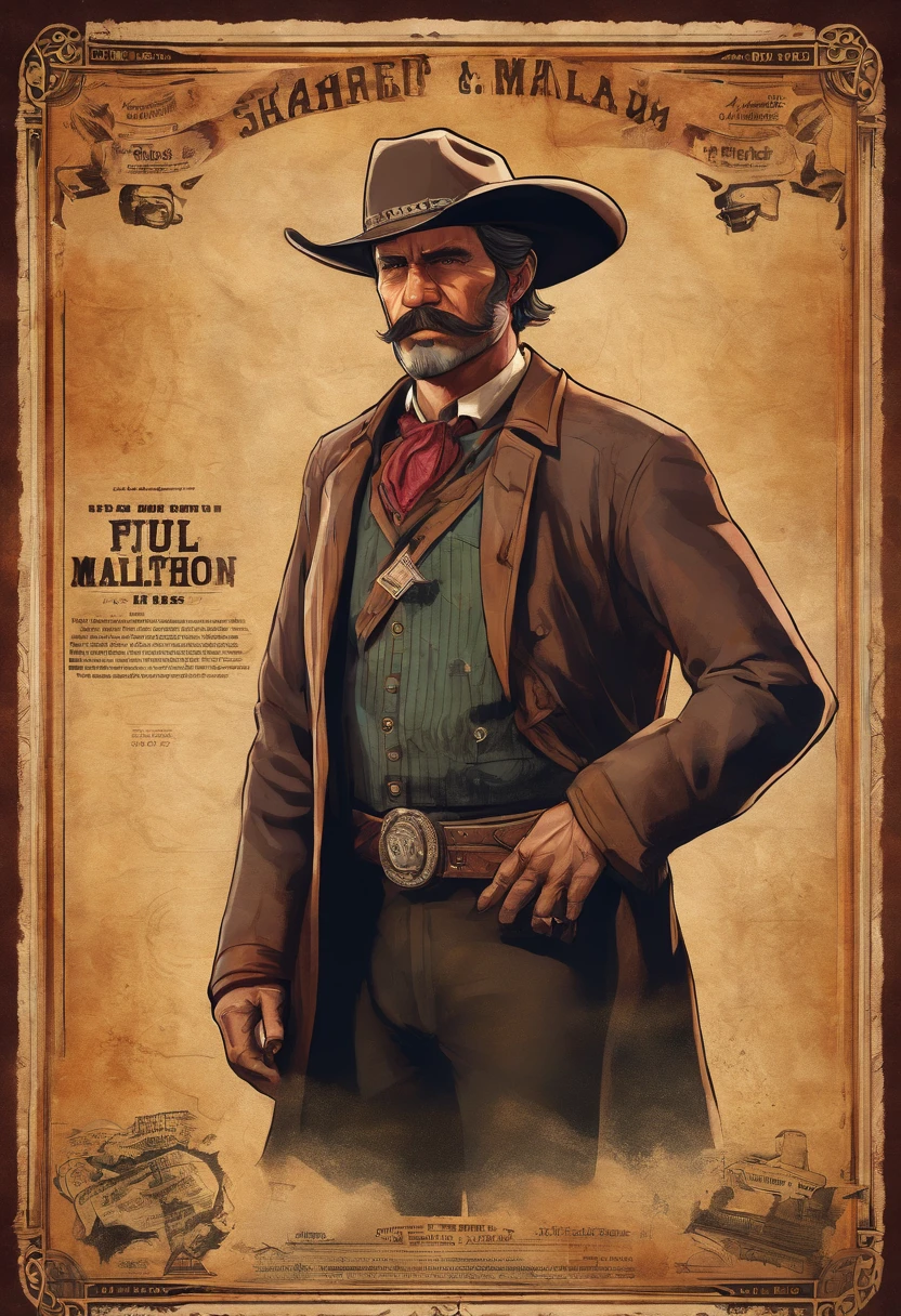 Full body picture of sheriff Curtis Malloy from Red Dead Redemption 2, detailed portrait, vintage illustration, high-res, realistic colors, intricate drawing, aged paper texture, vibrant colors, dramatic lighting, full body shot, Nevada hat, nothing but mustache, full body from bottom to top