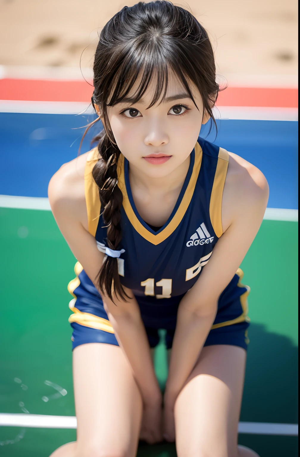 ((((perfect anatomy, anatomically correct, super detailed skin)))), 1 girl, japanese, , volleyball player, shiny skin, watching the view, 
beautiful hair, beautiful face, beautiful detailed eyes, brown eyes, (short hair:1.4, twintails:1.7), babyface, mole under eye, 
beautiful collarbones, beautiful body, beautiful breasts, beautiful thighs, beautiful legs, large breasts:0.5, seductive thighs, cameltoe, bare arms, bare hands, bottomless, break, 
((symmetrical clothinetallic)), (((buruma:1.3), sleeveless volleyball uniform:1.3)), break, 
(((((brown rope)), shibari:1.5, (shibari over clothes)))), ((arms behind head:1.5, breasts bondage, arms bondage, legs bondage)), (((toys in panties))), 
((ashamed, open mouth)), ((kneeling, spread legreak, 
(beautiful scenery), evening, day, ((volleyball gymnasium, volleyball cort)), 
(8k, top-quality, masterpiece?:1.2, extremely detailed), (photorealistic:1.2), beautiful illustration, cinematic lighting,