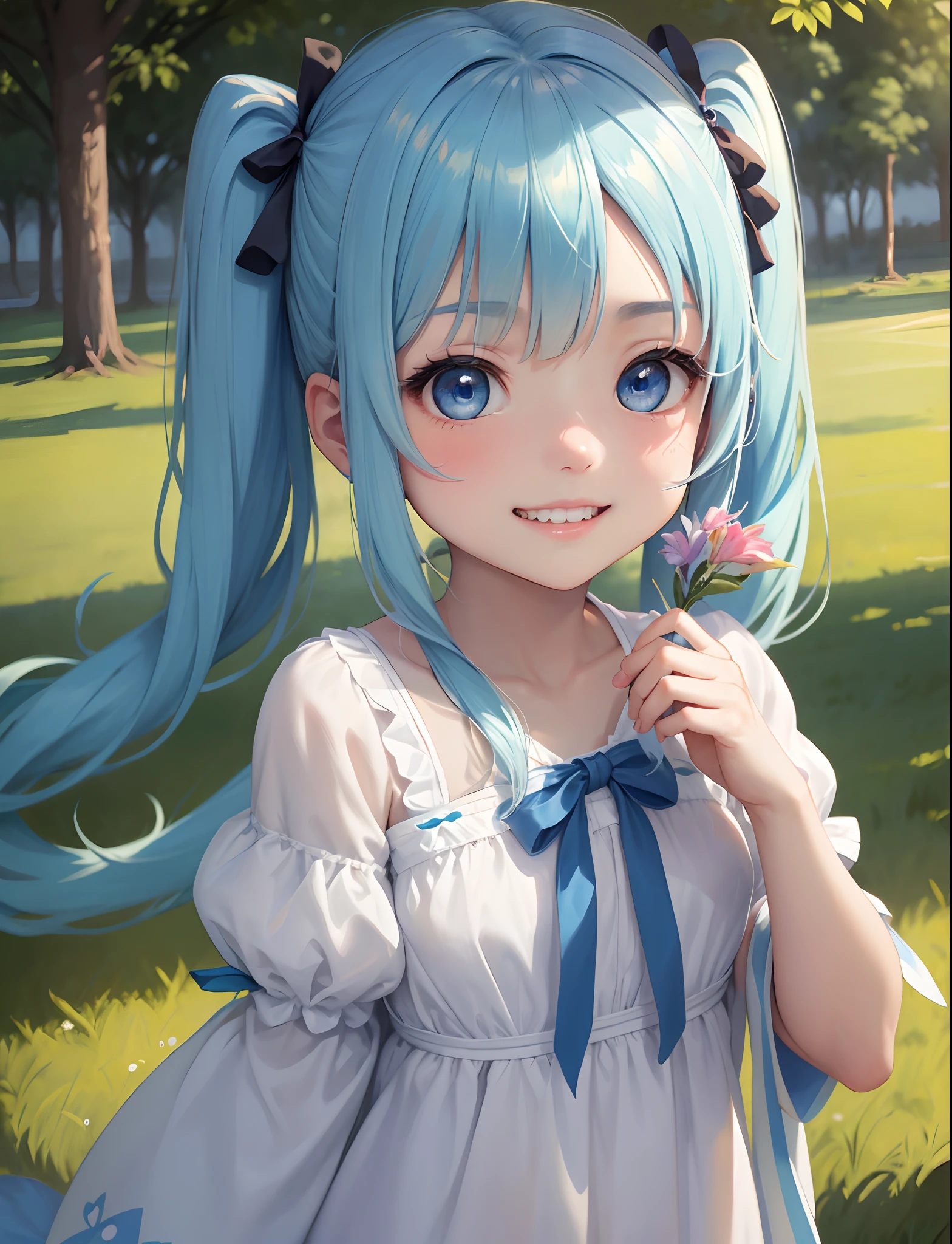 masterpiece:1.2、hightquality、top-quality、hight resolution、detaileds、A hyper-realistic、1girl in、long hair with light blue twin tails,、Beautiful blue eyes、tilt of the head、morning glow、Green grass々Shiigi々、birdie、rainbows、portlate、Lovely smile、showing teeth、(A detailed face)、((foco nítido))、((faces))、The upper part of the body_Body