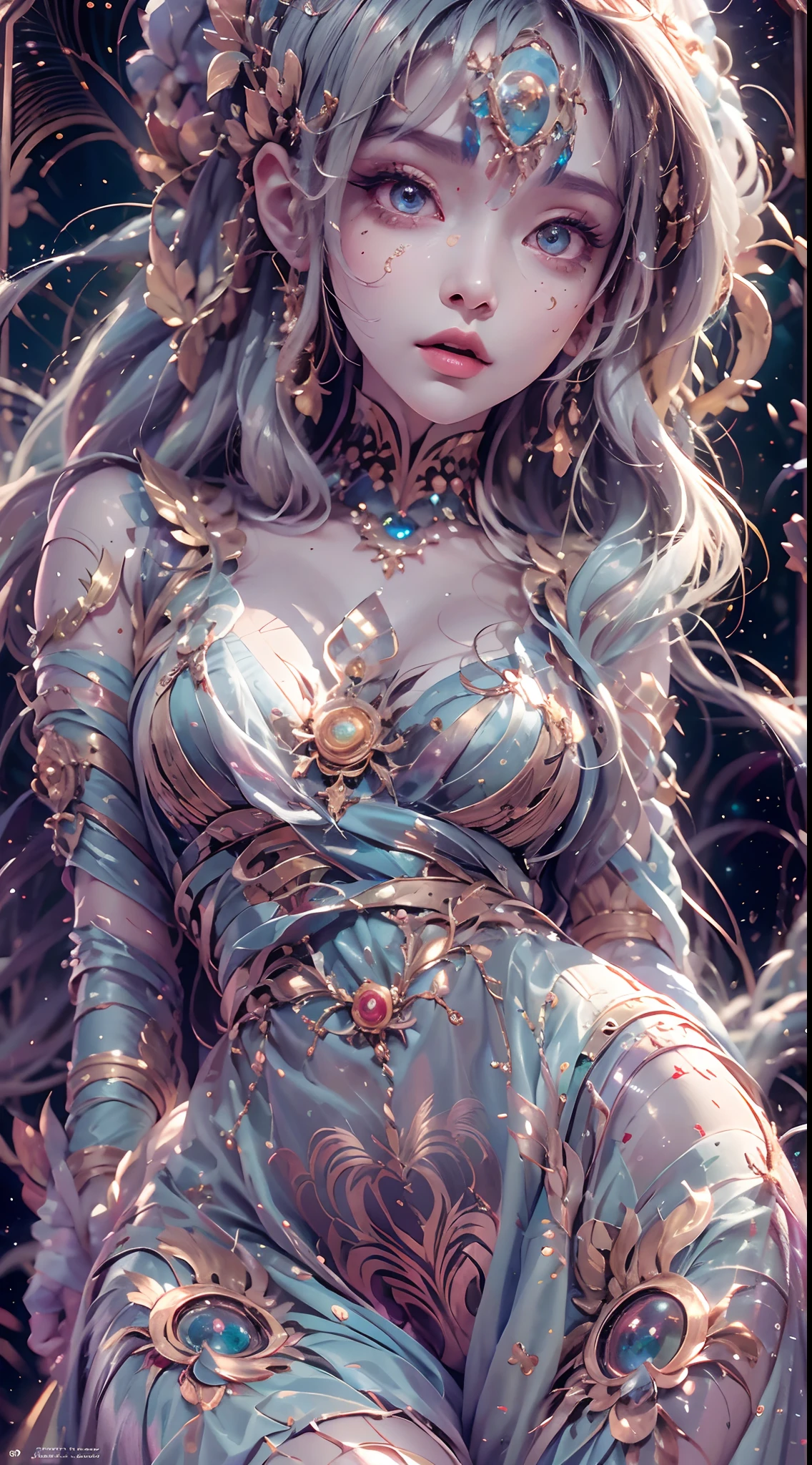 (best qualtiy,ultra - detailed,Most Best Illustration,Best shadow,tmasterpiece,A high resolution,professionalartwork,famousartwork),Detailed eyes,beautidful eyes,closeup cleavage,sci-fy,colored sclera,Robot eyes,face markings,Tattooed with,(fractalized,Fractal eyes),largeeyes,Wide eyes,(Eye focus),sface focus,Cosmic eyes,Space eyes,Close-up of metal sculpture of a woman with a moon in her hair,goddes。extremly high detail,3 d goddess portrait,Extremely detailed footage of the goddess,a stunning portrait of a goddess,Side image of the goddess,portrait of a beautiful goddess,Full body close-up portrait of the goddess,hecate goddess,portrait of a norse moon goddess,goddess of space and time,PureErosFace_V1,Urzang-6500-V1 version.1,