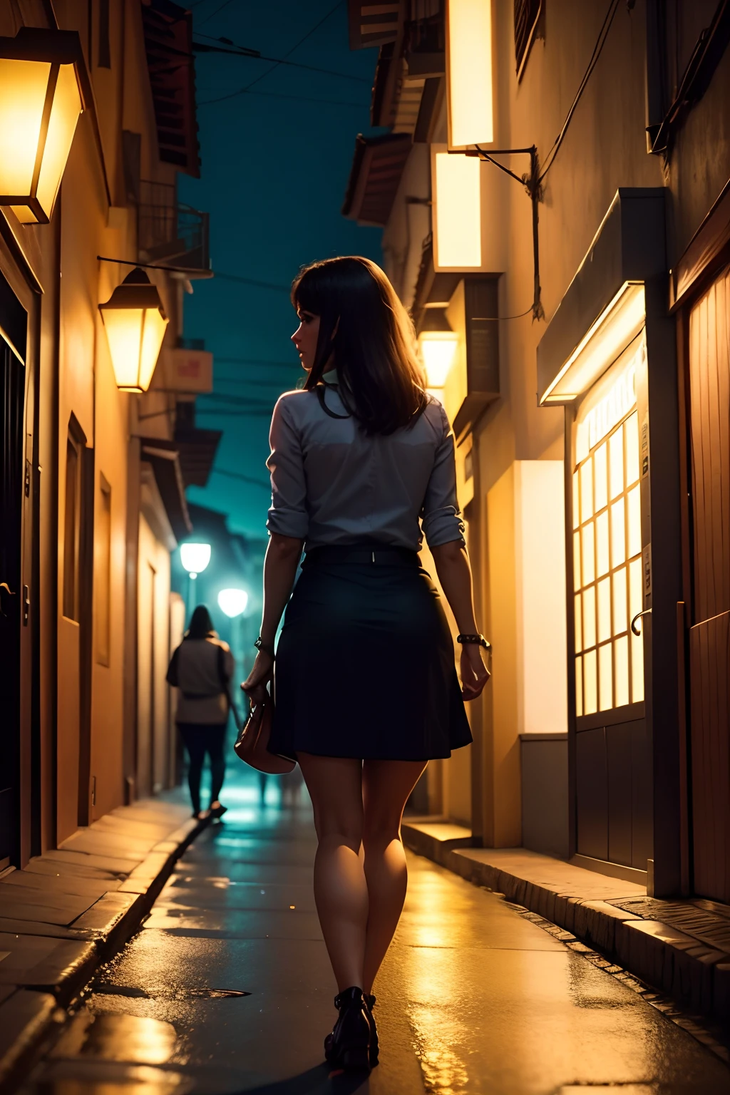 mulher  andando numa cidade iluminada
