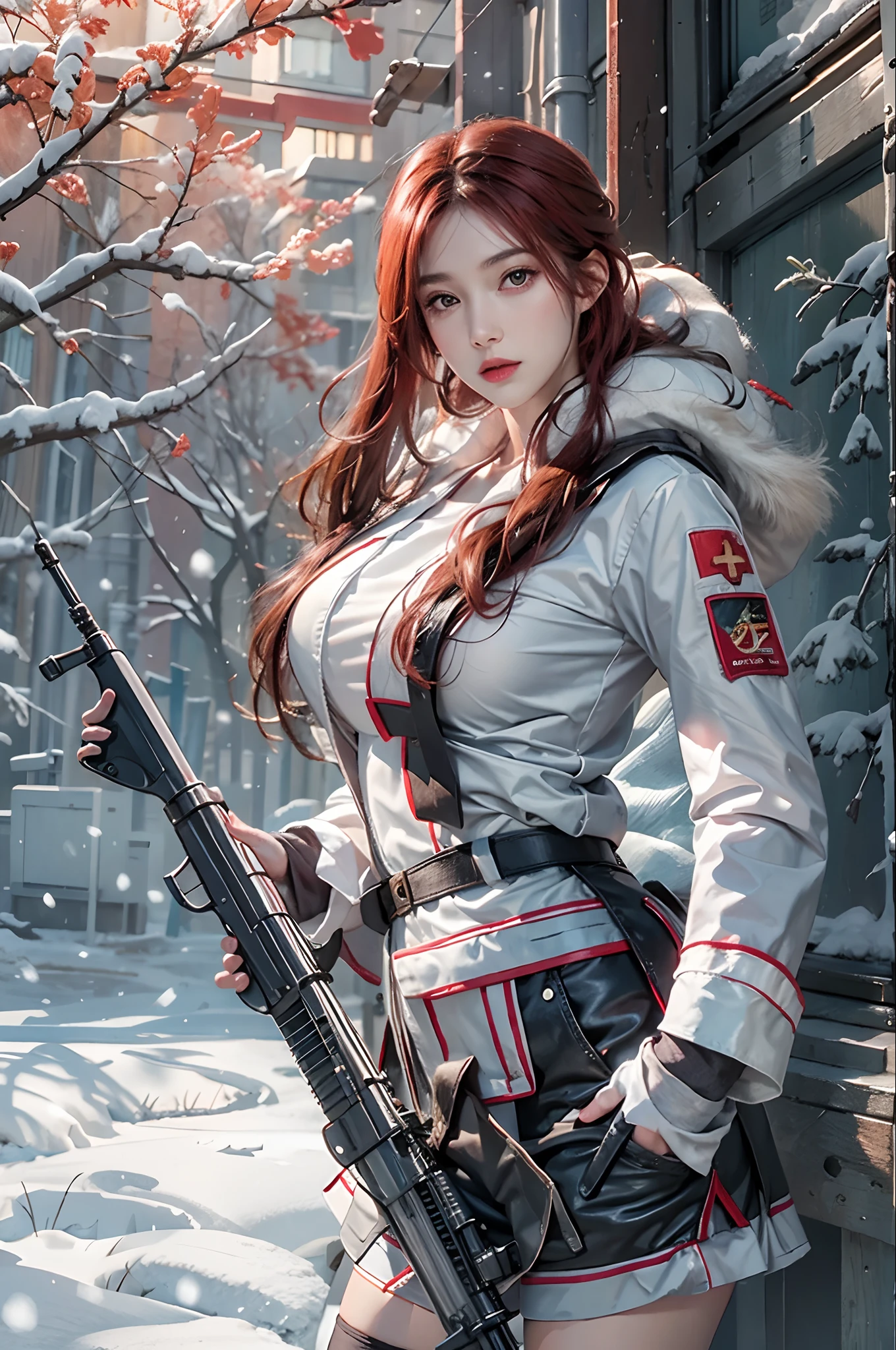 Photorealistic, high resolution, 1womanl, Solo, Hips up, view the viewer, (Detailed face),Red hair, Long hair, Nurse outfit, Stockings，Snow background, Girl aiming AK-47 assault rifle