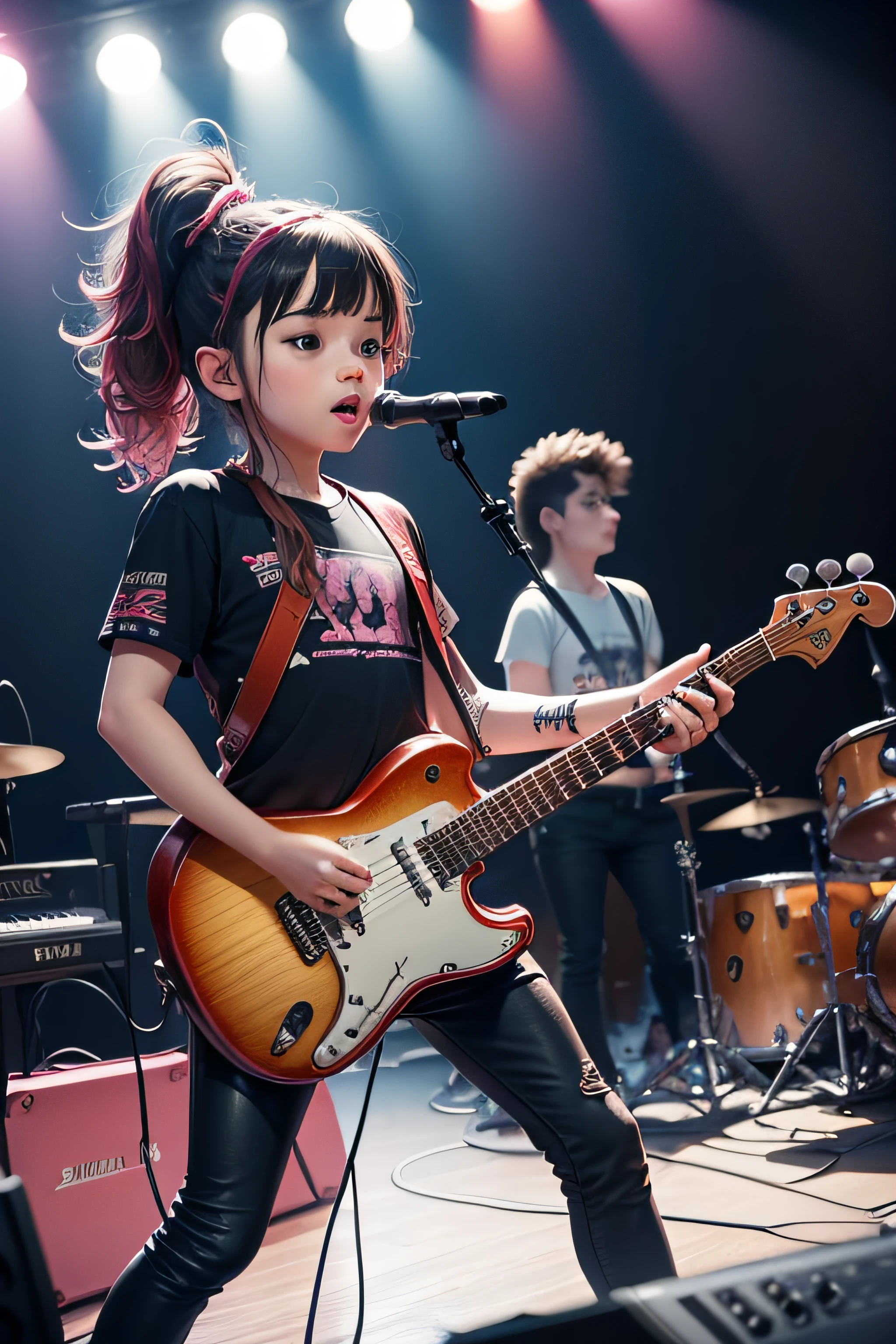 rock music band for kids, boys and girls, show me the instruments, guitar, drums, keyboard, saxophone guitar bass, all on stage during a concert, show lights,