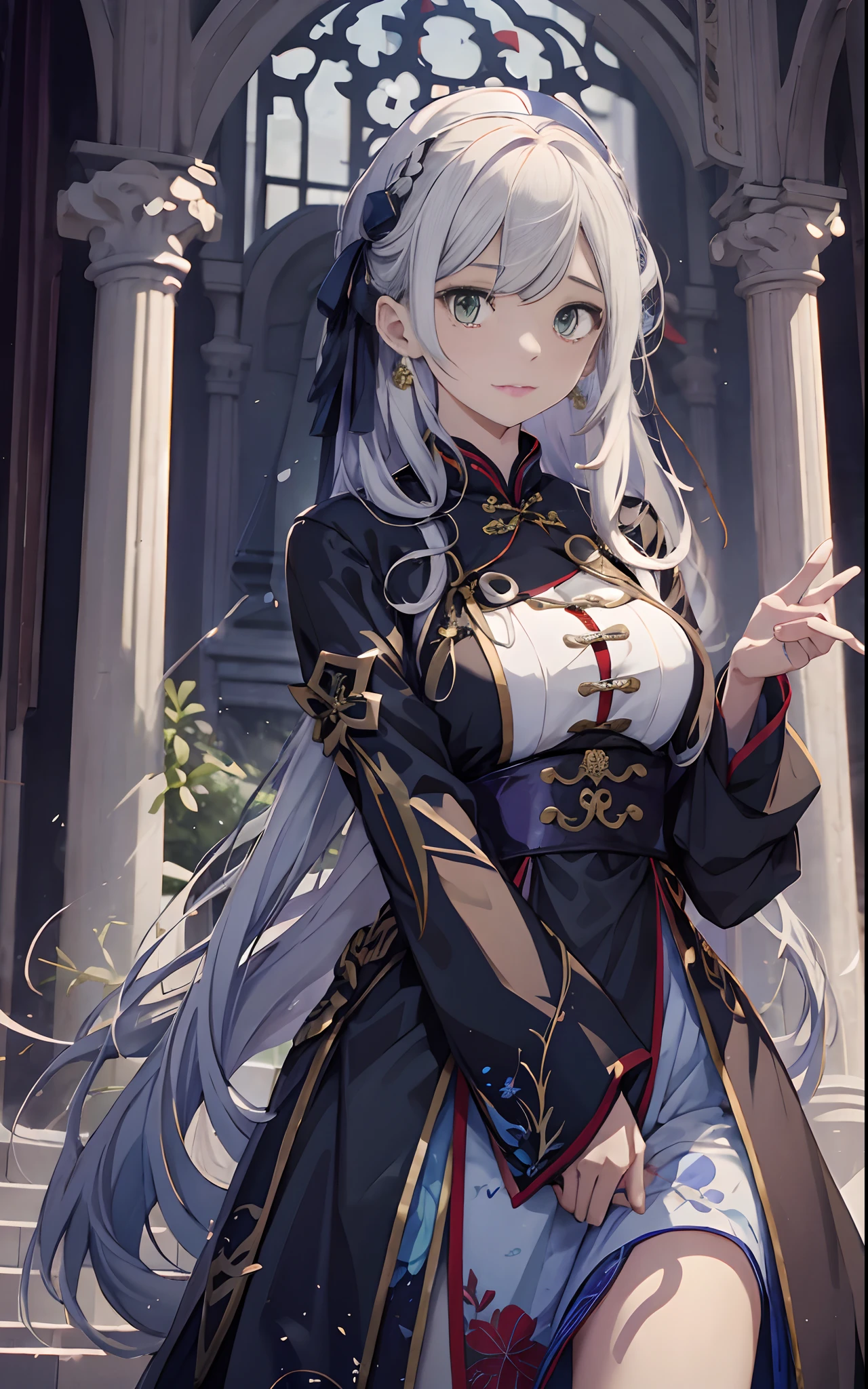 long white hair, Blue Ribbon, kazutora hanemiya, Navy cheongsam, Green eyes