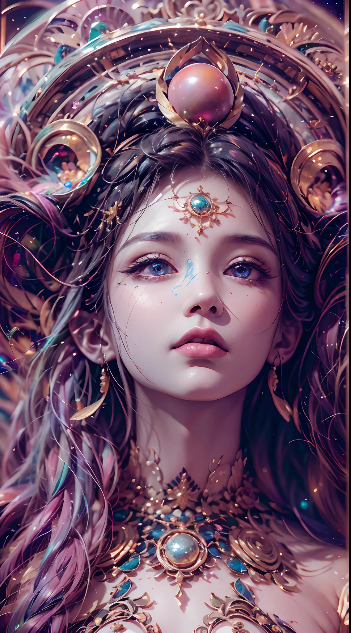 （best qualtiy，ultra - detailed，Most Best Illustration，Best shadow，tmasterpiece，A high resolution，professionalartwork，famousartwork），Detailed eyes，beautidful eyes，closeup cleavage，sci-fy，colored sclera，Robot eyes，face markings，Tattooed with，（fractalized，Fractal eyes），largeeyes，Wide eyes，（Eye focus），sface focus，Cosmic eyes，Space eyes，Close-up of metal sculpture of a woman with a moon in her hair，goddes。extremly high detail，3 d goddess portrait，Extremely detailed footage of the goddess，a stunning portrait of a goddess，Side image of the goddess，portrait of a beautiful goddess，Full body close-up portrait of the goddess，hecate goddess，portrait of a norse moon goddess，goddess of space and time，PureErosFace_V1，Urzang-6500-V1 version.1，