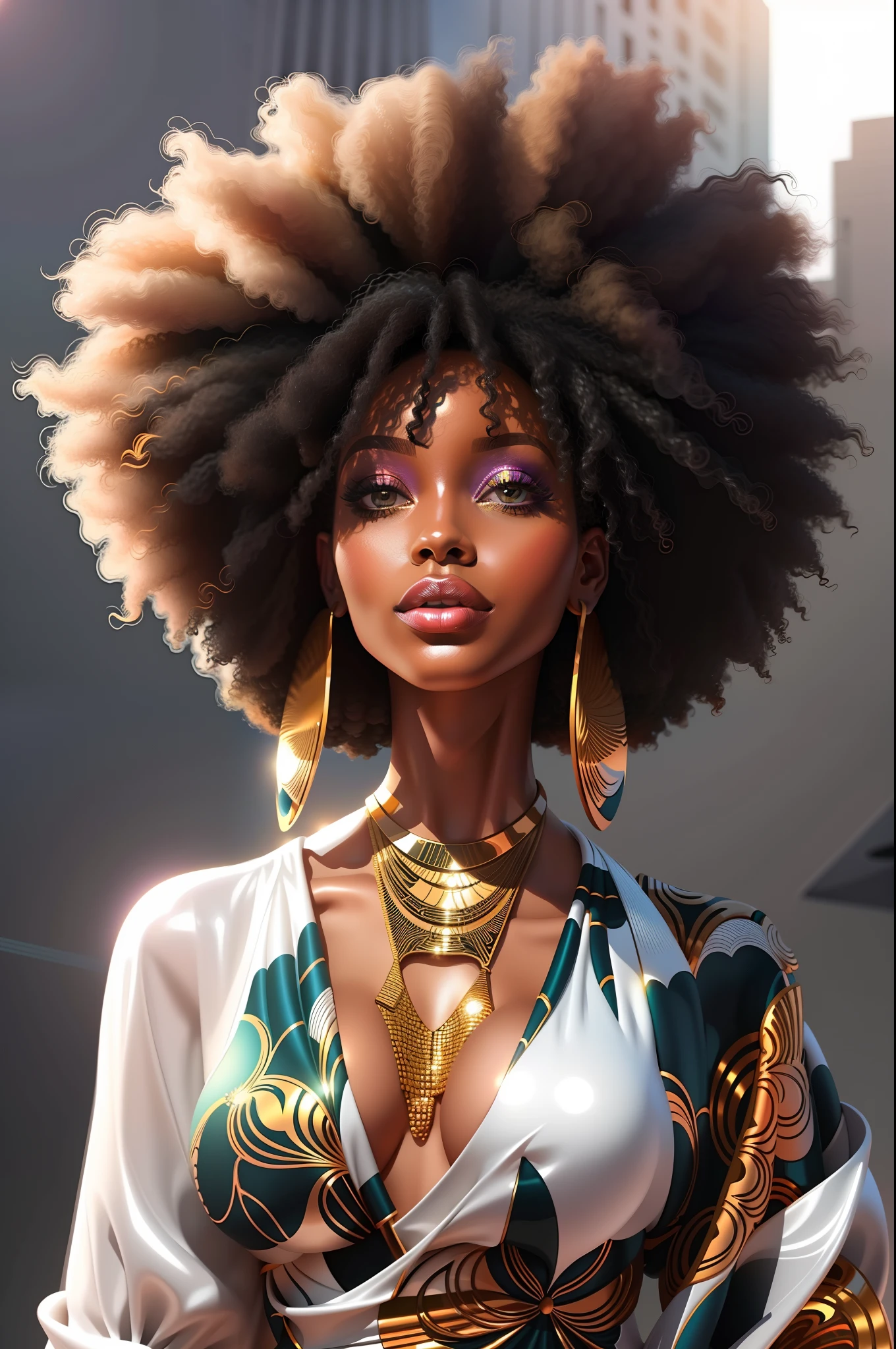 a close up of a woman with a large afro wearing a dress, afrofuturistic, afro, stunning digital illustration, beautiful digital illustration, beautiful digital artwork, afroamerican, high quality portrait, afrofuturist, afro futuristic, with afro, african american girl, afro futurism, trending on cg society, afro hair, dark-skinned, black african princess, stunning african princess