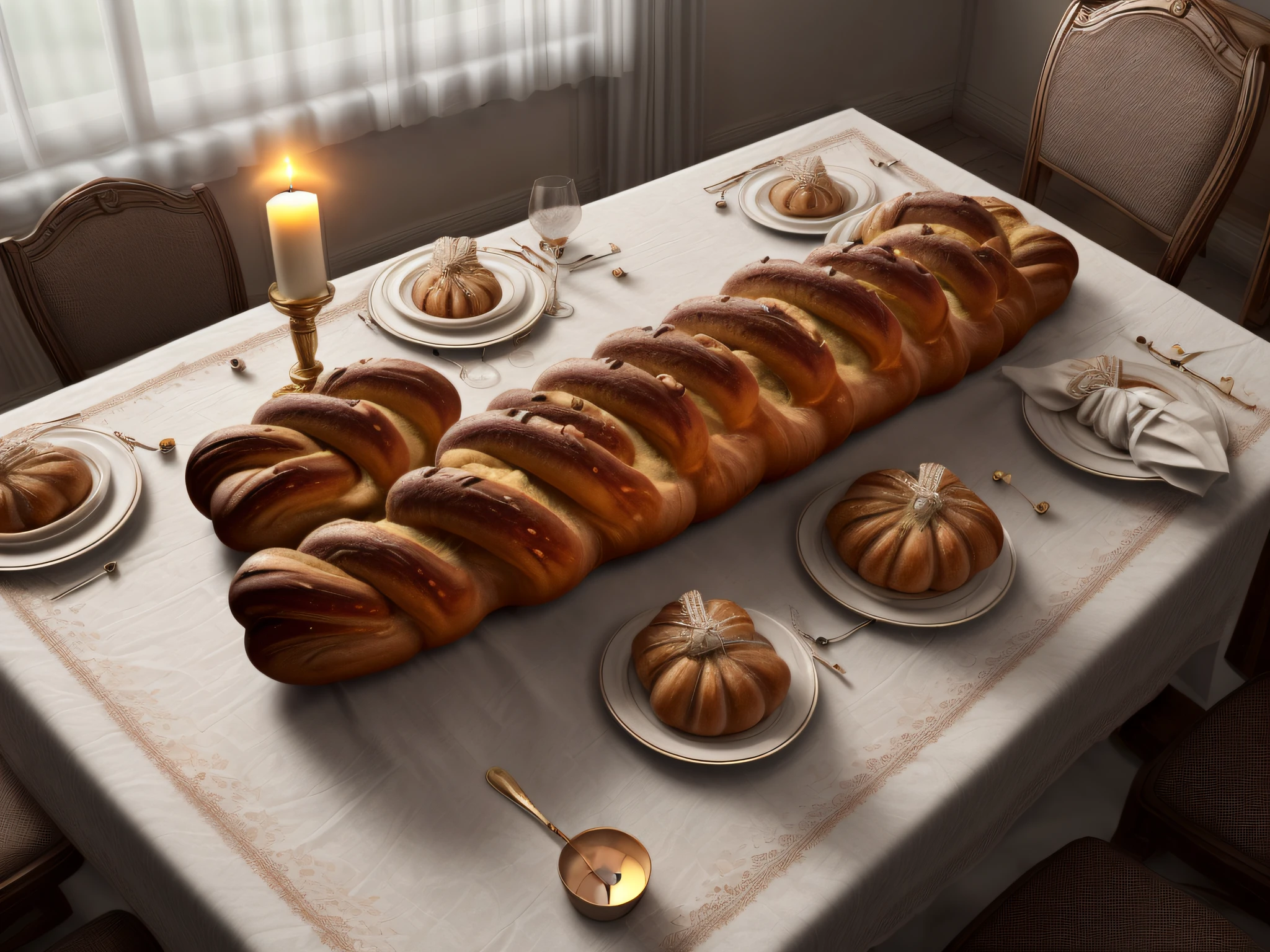 a picture of a Jewish Shabbat table , 2 (Challahs:1.5) on the table, (2 lit candles: 1.3), (a wine goblet on the table: 1.4) , (white table cloth with embodiments 1.2), a close up look from above and the side, 2 freshly baked Challahs, with sesame seeds, an atmosphere of divinity, dynamic angle, best details, best quality, 16K, [ultra detailed], masterpiece, best quality, (ultra detailed), full body, ultra wide shot, photorealistic, 3D rendering