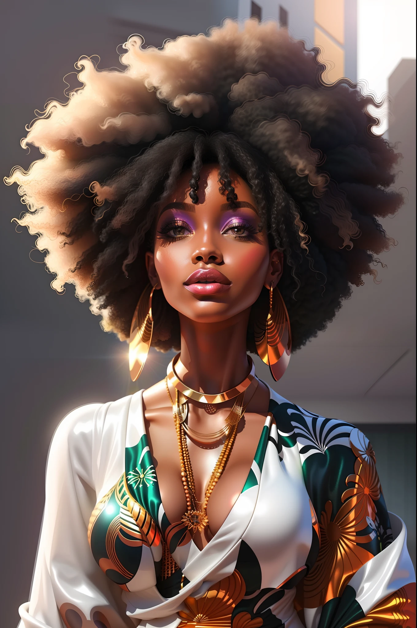 a close up of a woman with a large afro wearing a dress, afrofuturistic, afro, stunning digital illustration, beautiful digital illustration, beautiful digital artwork, afroamerican, high quality portrait, afrofuturist, afro futuristic, with afro, african american girl, afro futurism, trending on cg society, afro hair, dark-skinned, black african princess, stunning african princess