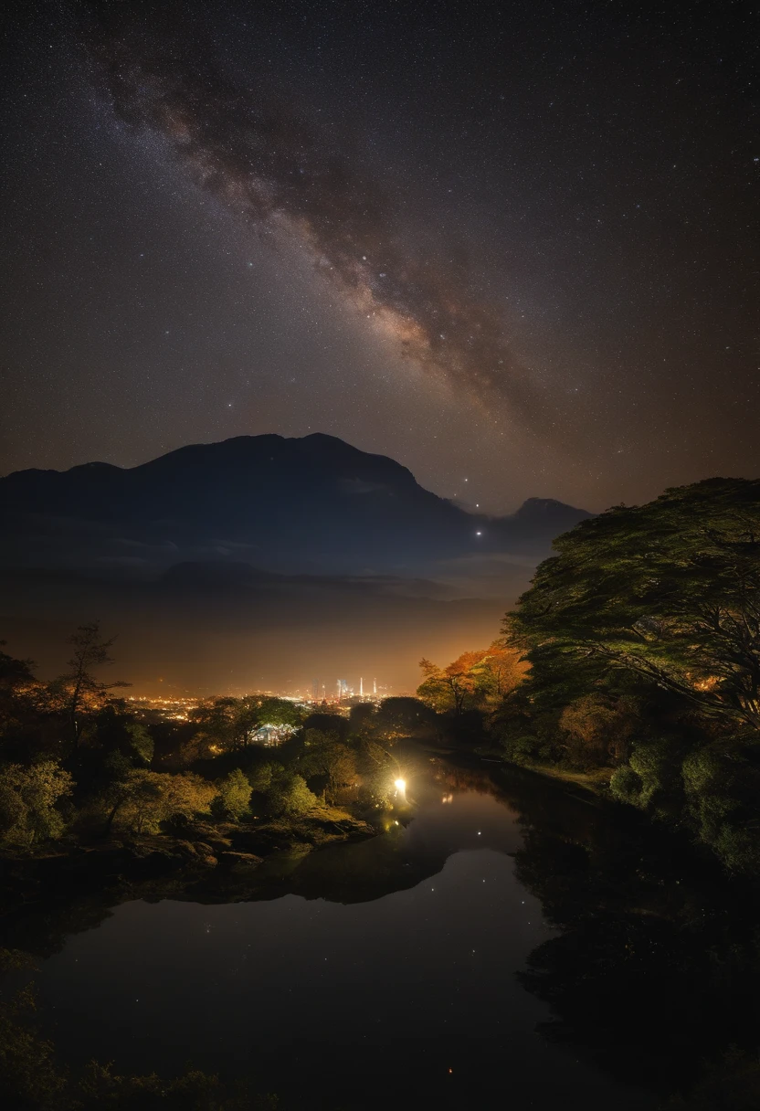 Giant crescent moon、high-level image quality、RAW、Standing at Tokyo Skytree、20-year-old woman、nighttime scene、Milky Way Galaxy、Andromeda Nebula、tokyo streets、Flowing Lines of Light、