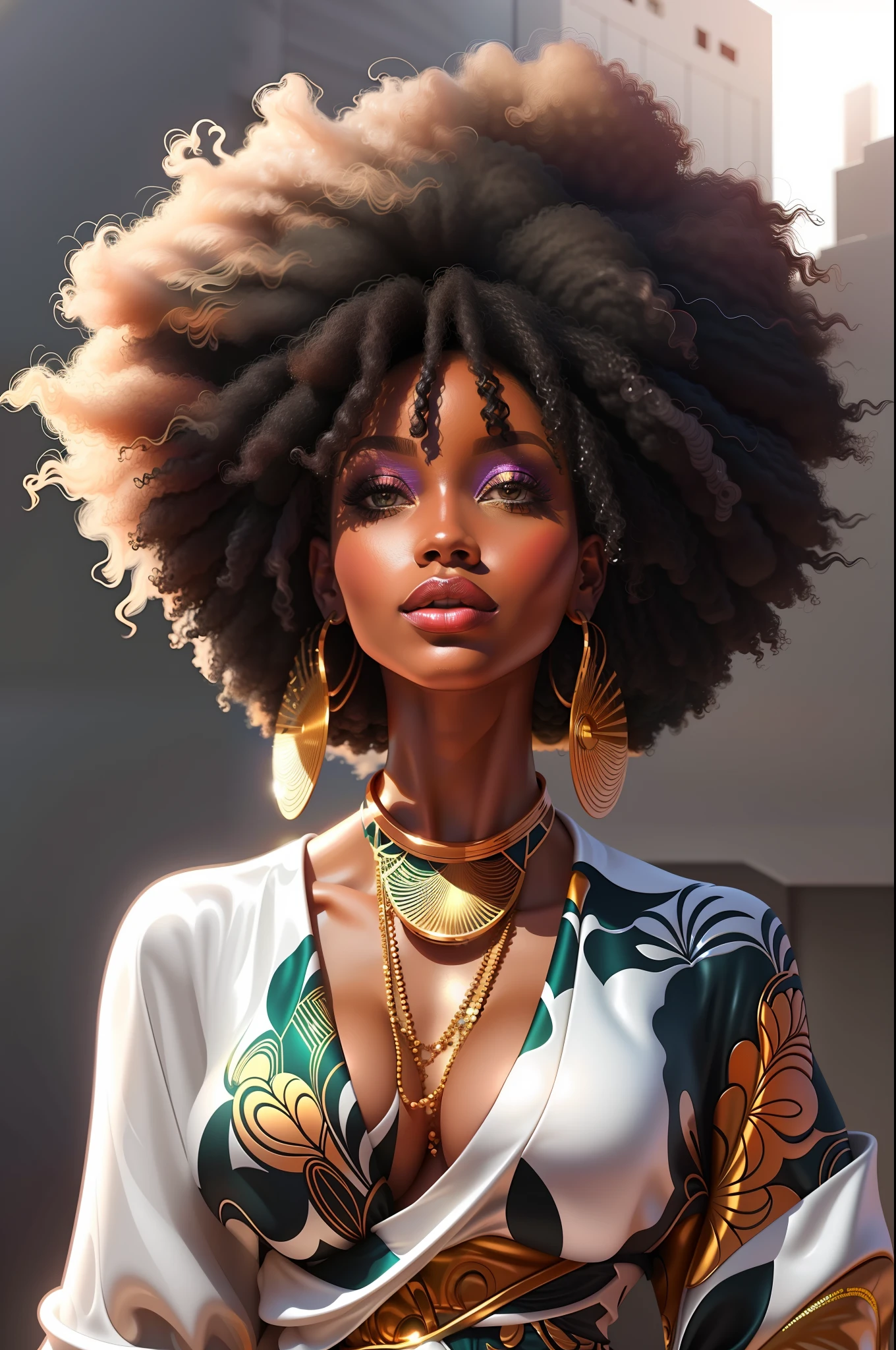 a close up of a woman with a large afro wearing a dress, afrofuturistic, afro, stunning digital illustration, beautiful digital illustration, beautiful digital artwork, afroamerican, high quality portrait, afrofuturist, afro futuristic, with afro, african american girl, afro futurism, trending on cg society, afro hair, dark-skinned, black african princess, stunning african princess