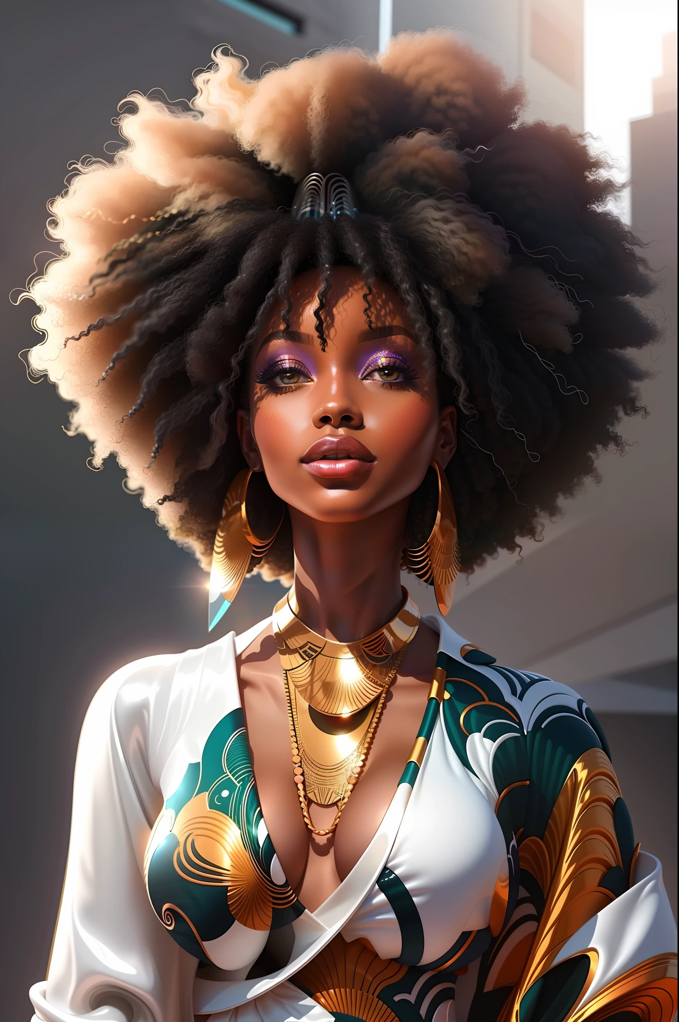 a close up of a woman with a large afro wearing a dress, afrofuturistic, afro, stunning digital illustration, beautiful digital illustration, beautiful digital artwork, afroamerican, high quality portrait, afrofuturist, afro futuristic, with afro, african american girl, afro futurism, trending on cg society, afro hair, dark-skinned, black african princess, stunning african princess