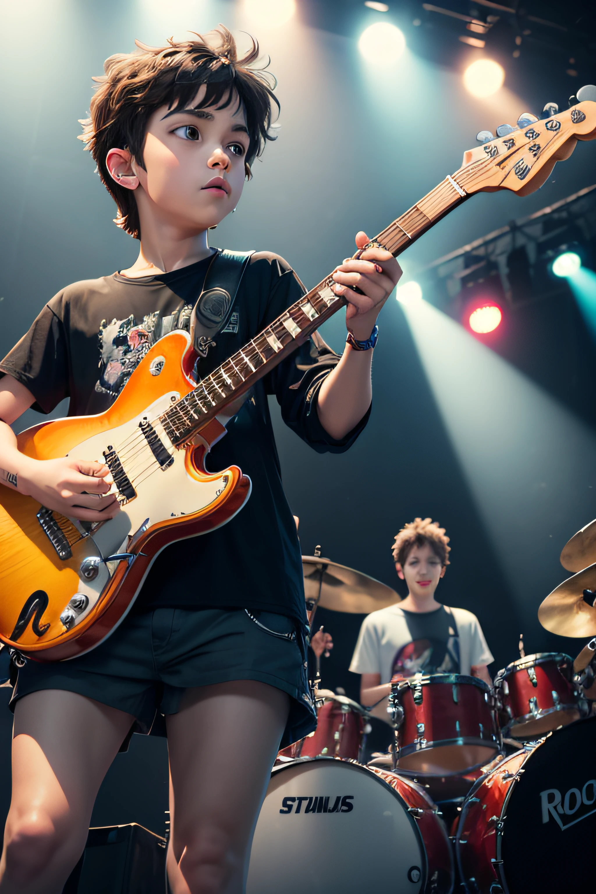 rock music band for kids, boys and girls, show me the instruments, guitar, drums, keyboard, saxophone guitar bass, all on stage during a concert, show lights,