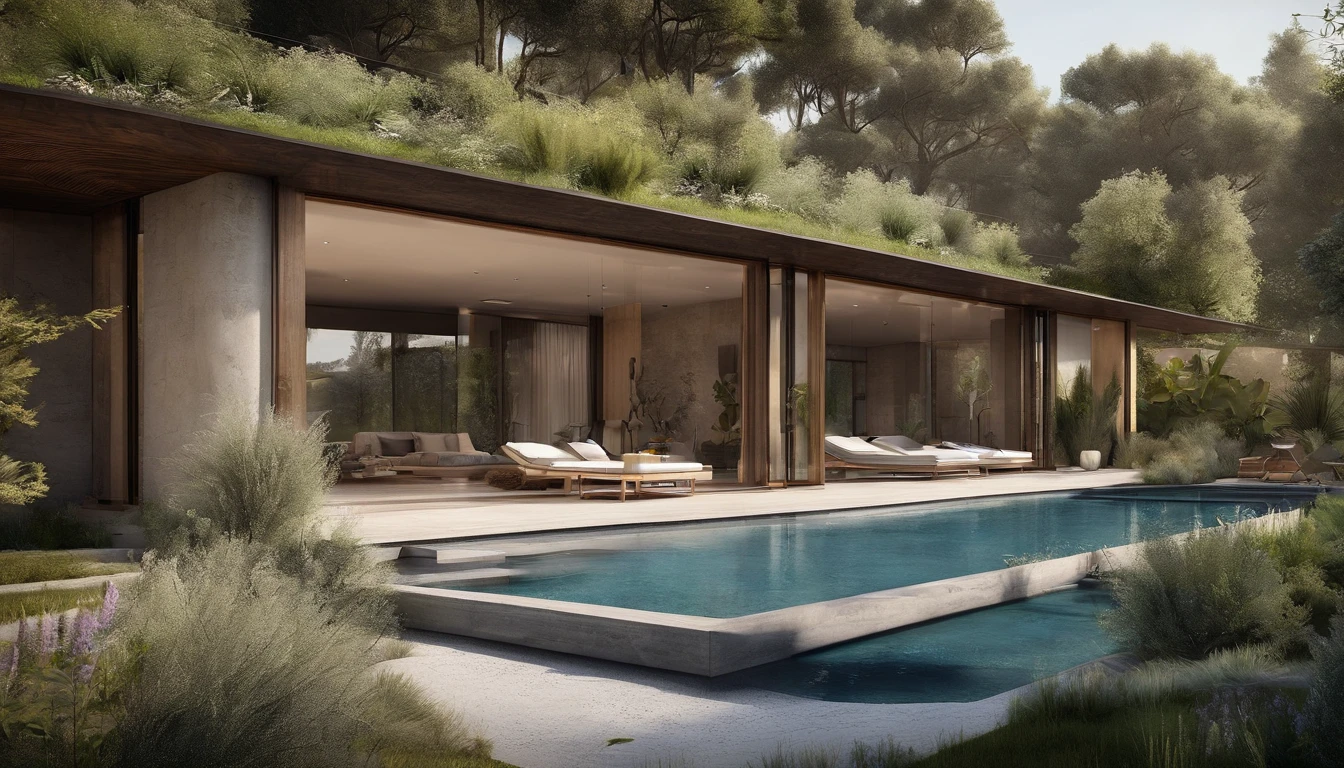 Organic modern architecture on a fairly large plot, From , there is a swimming pool in the middle of a large house of a flower, color of the house in chocolate brown and black beams, large modern residence, flat roofs and garden, render luxcore, render oktane, photoreal render, building rendering, mantra rendering, building rendering, Realistic rendering, archviz, wellness pool, archviz, large green zones, with small zones of lavender flowers, green shrubs type lush green garden, as well as small water mirrors, swimming pool embedded in an area of sand, olive and pine trees around the house, paddle court next to the house