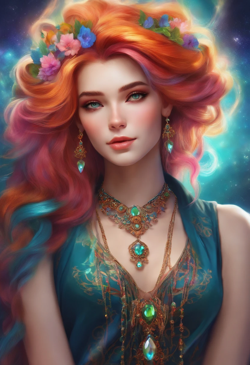 Close-up of a woman with colorful hair and necklace, anime girl with cosmic hair, The soft vitality of Rostus, Guviz-style artwork, Fantasy art style, Colorful], vibrant fantasy style, Vibrant Ross Cartoon, cosmic and colorful, Guviz, Colorful digital fantasy art, stunning art style, Beautiful anime style, White skin, Hulk clothes