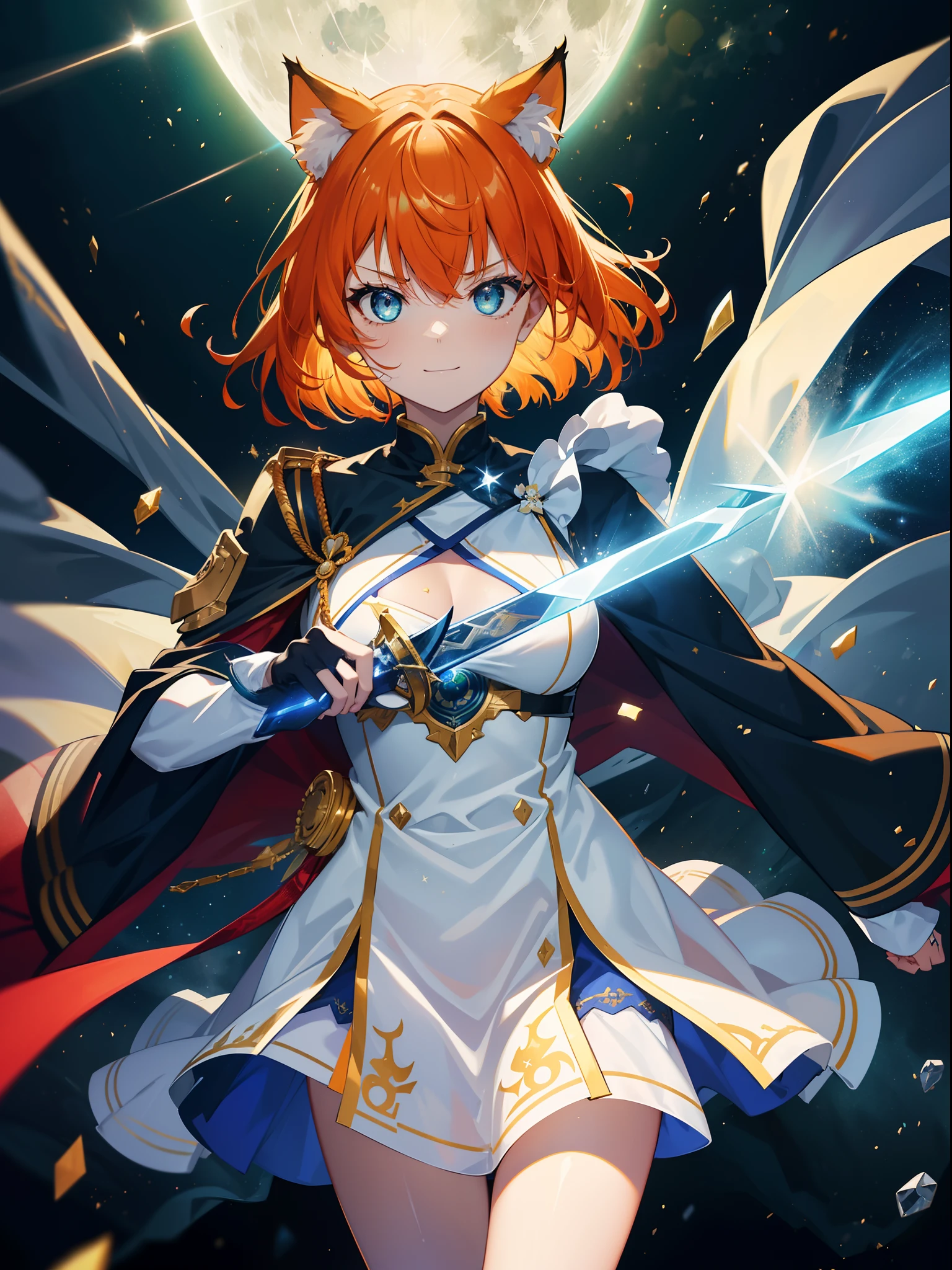 (Green Stardust Help:1.3),(A detailed eye:1.3),Face Focus, sanpaku, angry, Smile,smiling mischievously, A look that came up with a bad thing,(cat ear:1.3),(orange color hair:1.3),Short hairstyle, hair messy,Her skin is pale, (Chest close-up:0.7),Swirling rainbows and lights on complex background、It enveloped me like a serpent in an interstellar wind,holding samurai sword,dual-wielding,Unleash the Blade of Light,Breasts are a great cutting board,She smiles mischievously, She has a gun in the middle, Highest Quality,(Blue and white war maiden costume:1.3),(Carry a red and blue cloak:1.3),Raise the railgun, ((sanpaku))((Proud)), 8 Blue Light Sword,Blade of Light,Lens Flare, Big rainbow,The moon shines,Star chips, bloom, ((light glow)), chromatic abberation], Digital Painting, Insane details, Intricate details, Beautifully color graded, Unreal Engine, Cinematic , colour grading, Editorial Photography , Photography, Photo Shot, Shot on 70mm lens, depth of fields, degrees of freedom, Tilt Blur, Shutter Speed 1/1000, h/22