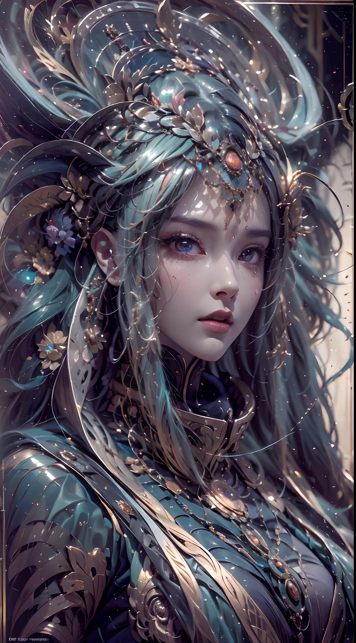 （best qualtiy，ultra - detailed，Most Best Illustration，Best shadow，tmasterpiece，A high resolution，professionalartwork，famousartwork），Detailed eyes，beautidful eyes，closeup cleavage，sci-fy，colored sclera，Robot eyes，face markings，Tattooed with，（fractalized，Fractal eyes），largeeyes，Wide eyes，（Eye focus），sface focus，Cosmic eyes，Space eyes，Close-up of metal sculpture of a woman with a moon in her hair，goddes。extremly high detail，3 d goddess portrait，Extremely detailed footage of the goddess，a stunning portrait of a goddess，Side image of the goddess，portrait of a beautiful goddess，Full body close-up portrait of the goddess，hecate goddess，portrait of a norse moon goddess，goddess of space and time，PureErosFace_V1，Urzang-6500-V1 version.1，