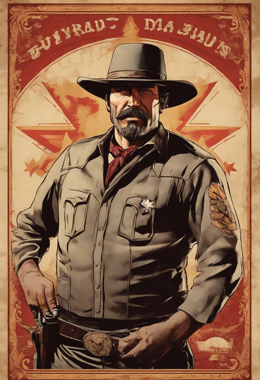 Full body picture of sheriff Curtis Malloy from Red Dead Redemption 2, detailed portrait, vintage illustration, high-res, realistic colors, intricate drawing, aged paper texture, vibrant colors, dramatic lighting, full body shot, Nevada hat, nothing but mustache, full body from feet to top.