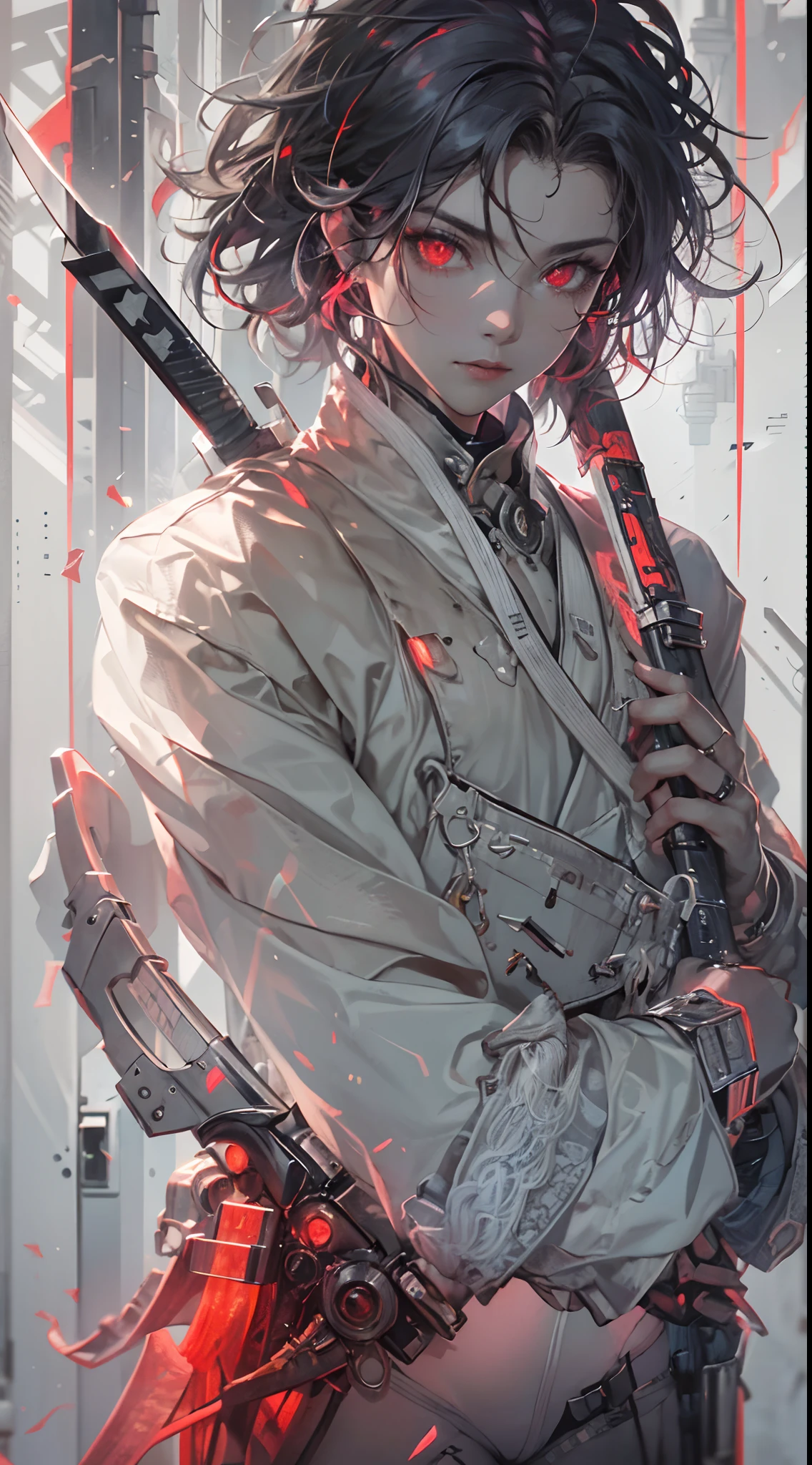 (1 Handsome Man)、Short hair、grey eyes、Toned body、muscular male、traditional Chinese clothing、 wearing an eyepatch、(Top image quality)、(8K picture quality)、(cyberpunked)、(masutepiece)、 (Flickering of light)、(carry a sword)、cinematric light, Cinema Shadow, Sharp Image, Extremely detailed, Volumetric, Bright sprites、particles effect, beautiful effects, Vivid colors, neons, Neon light, Highly detailed image textures, detailed hairs, Detailed eyes, city、Dark hair、Eyes glow、(Red aura emanating from clothes:1.5)、Photo from the knee up、
