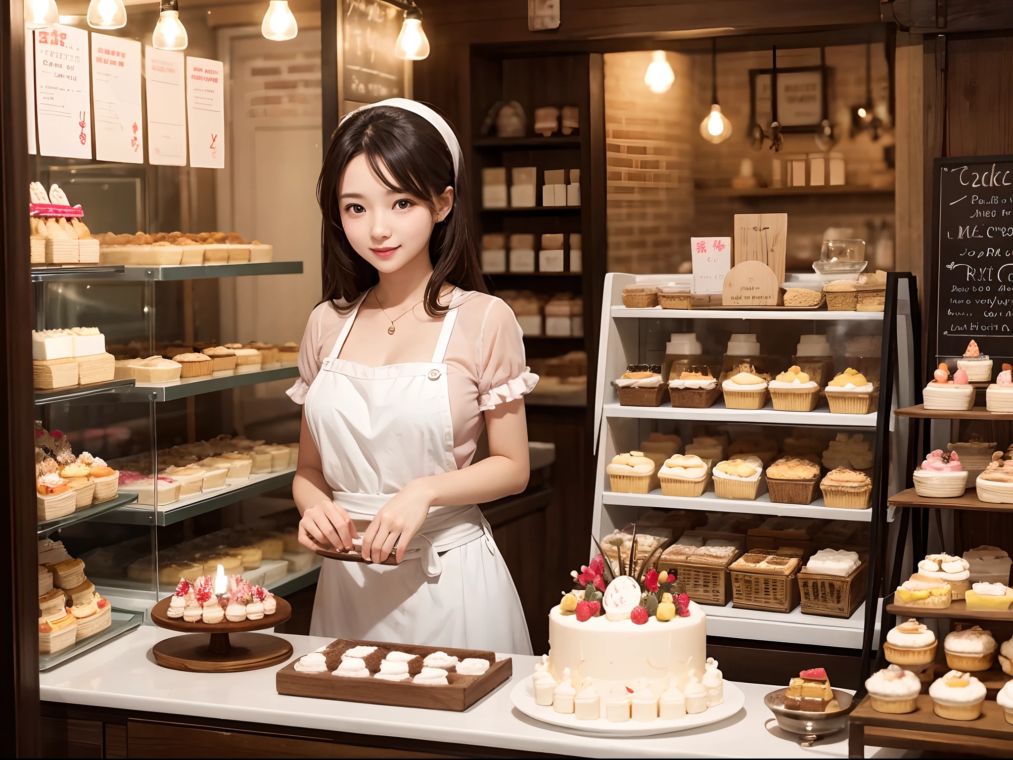 The signboard girl who tends to the Small cake shop is a pretty lady. showcase, Cute atmosphere,
