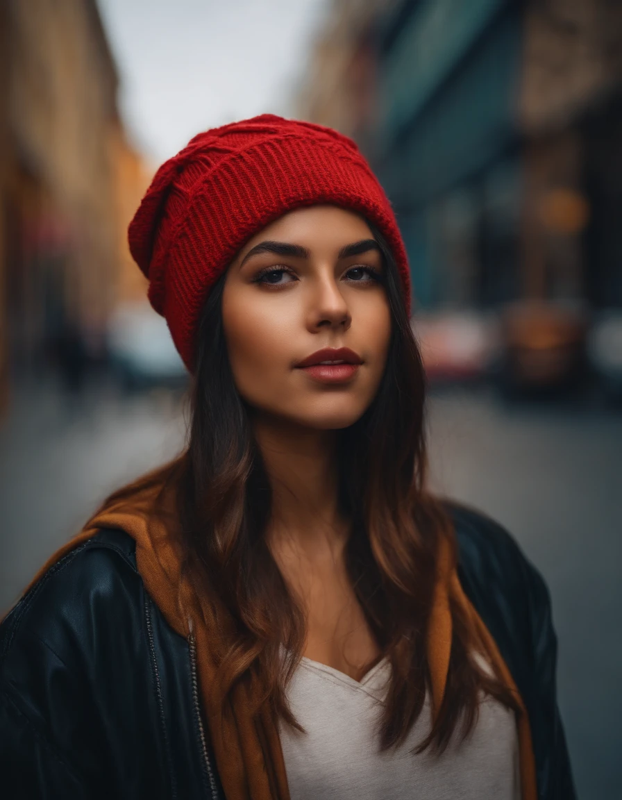 Girl Standing On The Street, latin girl, wearing a beanie, Realisitc, Photo