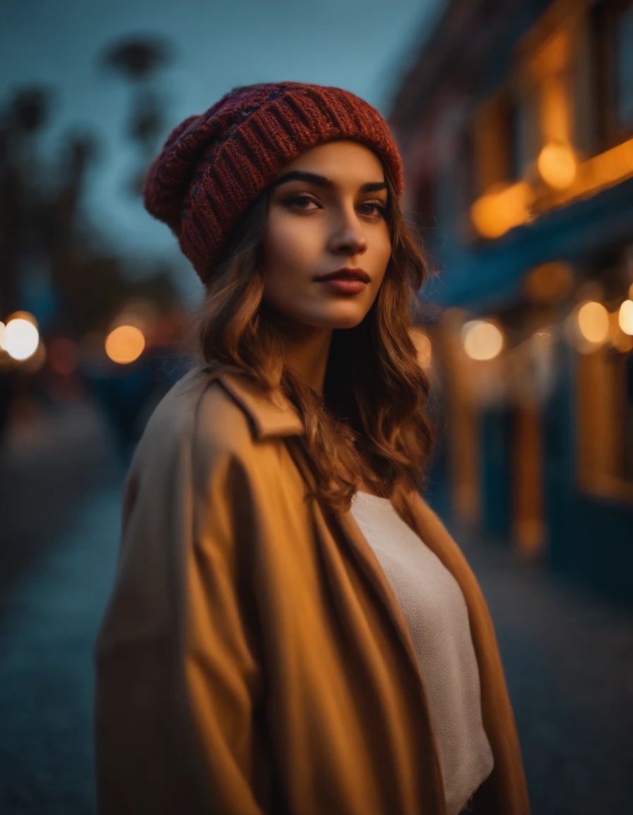 Girl Standing On The Street, latin girl, wearing a beanie, Realisitc, Photo