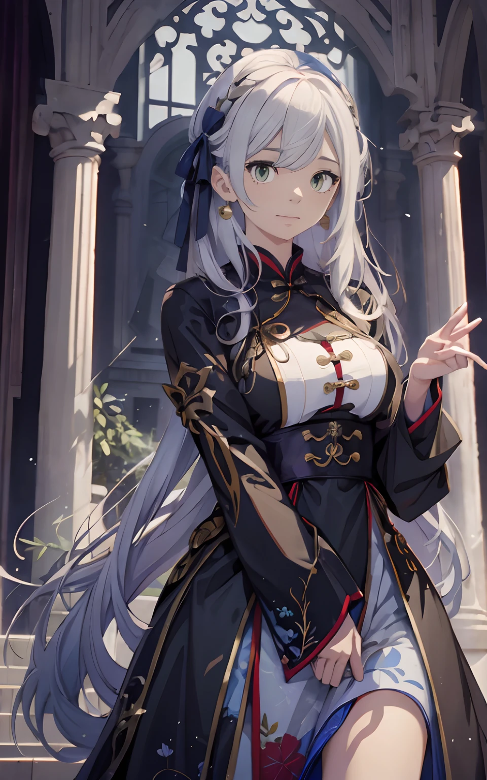 long white hair, Blue Ribbon, kazutora, Navy cheongsam, Green eyes