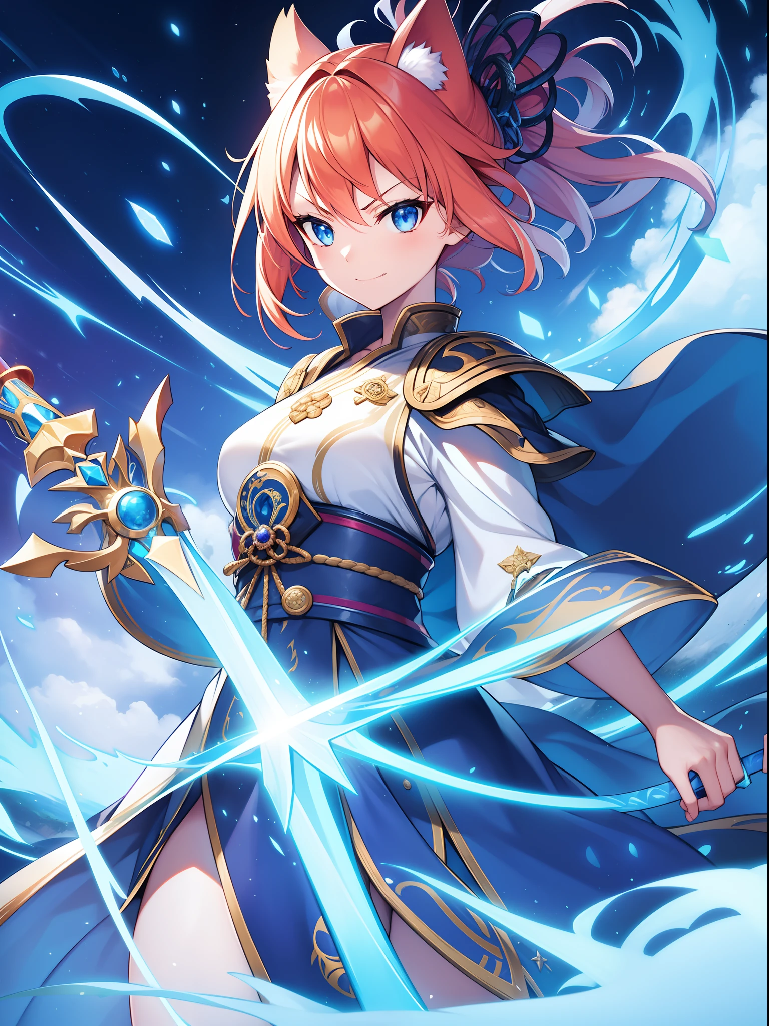 Imaginary,Face Focus, sanpaku, angry, Smile,smiling mischievously, A look that came up with a bad thing,Cat's ears,Her hair is orange、Short hairstyle, ,Her skin is pale, Swirling rainbows and lights on complex background、It enveloped me like a serpent in an interstellar wind,holding samurai sword,dual-wielding,Unleash the Blade of Light,Breasts are a great cutting board,She smiles mischievously, She has a gun in the middle, Highest Quality, Carry a blue cloak with war maiden decorations,Raise the railgun, ((sanpaku))((Proud)), 8 Blue Light Sword,Blade of Light,Lens Flare, Big rainbow,The moon shines,Star chips, bloom, ((light glow)), chromatic abberation], Digital Painting, Insane details, Intricate details, Beautifully color graded, Unreal Engine, Cinematic , colour grading, Editorial Photography , Photography, Photo Shot, Shot on 70mm lens, depth of fields, degrees of freedom, Tilt Blur, Shutter Speed 1/1000, h/22