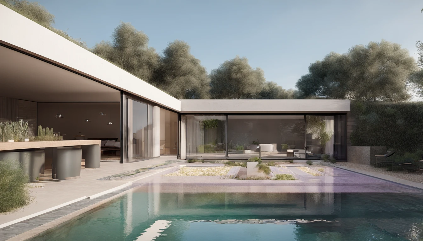Organic modern architecture on a fairly large plot, From , there is a swimming pool in the middle of a large house of a flower, color of the house in chocolate brown and black beams, large modern residence, flat roofs and garden, render luxcore, render oktane, photoreal render, building rendering, mantra rendering, building rendering, Realistic rendering, archviz, wellness pool,  archviz, large green zones, with small zones of lavender flowers, green shrubs type lush green garden, as well as small water mirrors, swimming pool embedded in an area of sand, olive and pine trees around the house, paddle court next to the house