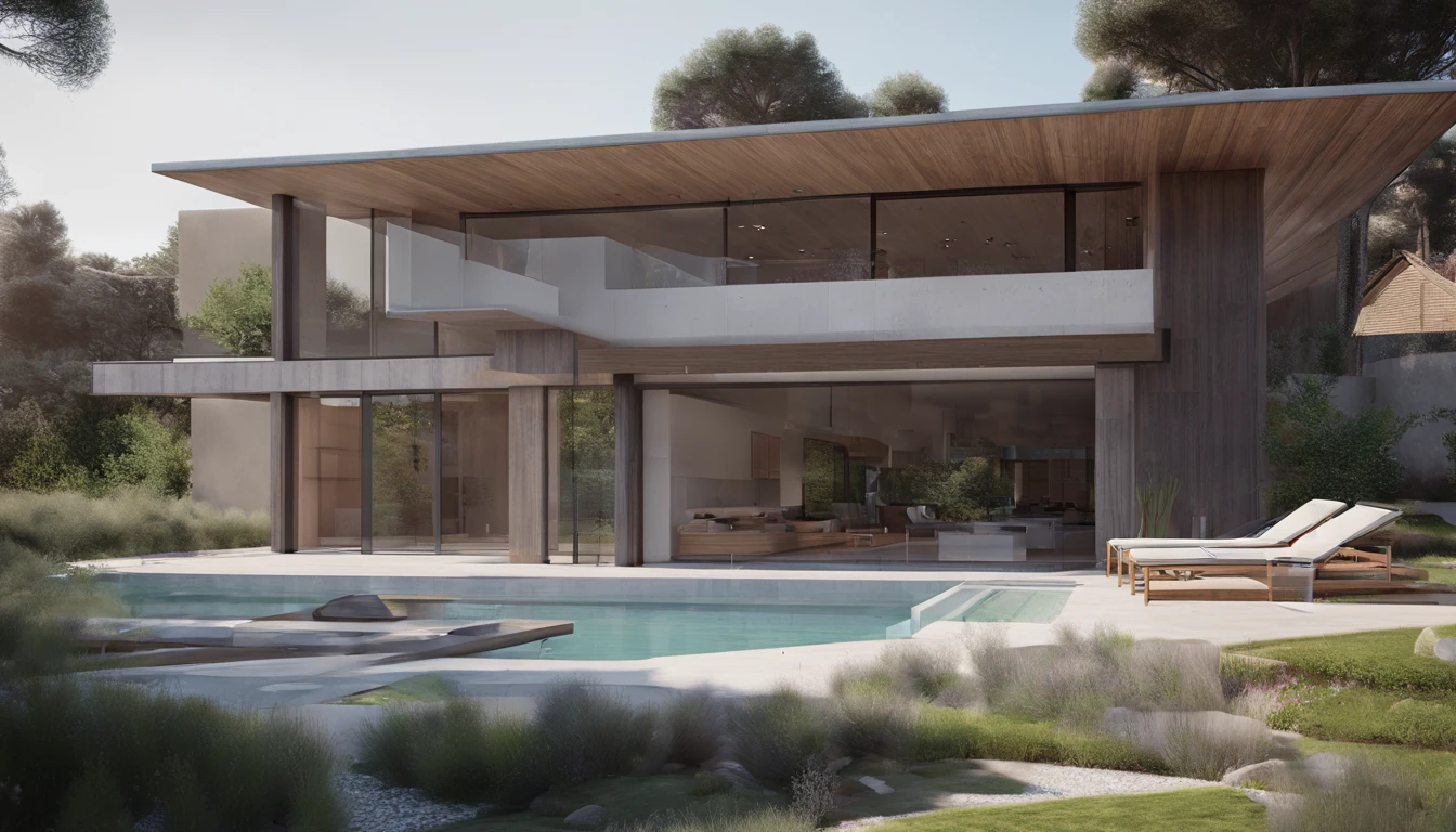 Organic modern architecture on a fairly large plot, From , there is a swimming pool in the middle of a large house of a flower, color of the house in chocolate brown and black beams, large modern residence, flat roofs and garden, render luxcore, render oktane, photoreal render, building rendering, mantra rendering, building rendering, Realistic rendering, archviz, wellness pool, archviz, large green zones, with small zones of lavender flowers, green shrubs type lush green garden, as well as small water mirrors, swimming pool embedded in an area of sand, olive and pine trees around the house, paddle court next to the house