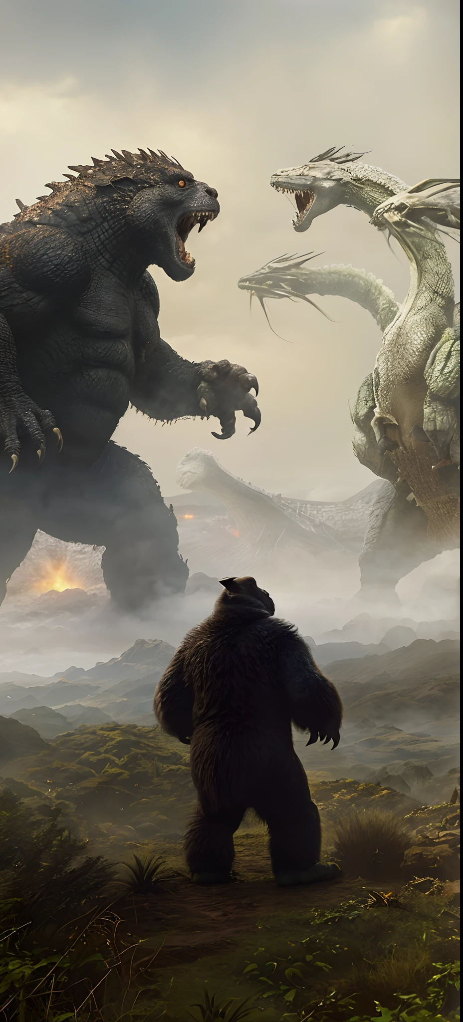 Godzilla and King Kong battle giant monsters in the fog, kaiju battle, dinosaurs and godzilla, liam neeson versus godzilla, hq 4k phone wallpaper, Adam and Eve vs. Godzilla, wojtek fus, big titan creature in the center, CG art, monsters in the background, Compared to King Kong Skull Island (2017), intense battles