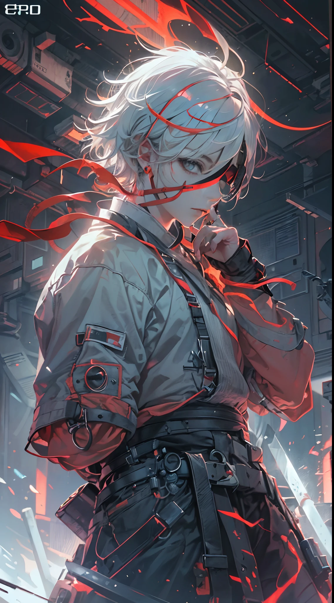 (1 Handsome Man)、Short hair、grey  eyes、Toned body、muscular male、traditional Chinese clothing、 wearing an eyepatch、(White hair)、(Top image quality)、(8K picture quality)、(cyberpunked)、(masutepiece)、 (Flickering of light)、(carry a sword)、cinematric light, Cinema Shadow, Sharp Image, Extremely detailed, Volumetric, Bright sprites、particles effect, beautiful effects, Vivid colors, neons, Neon light, Highly detailed image textures, detailed hairs, Detailed eyes,  city、Dark hair、Eyes glow、(Red aura emanating from clothes:1.5)、Photo from the knee up、