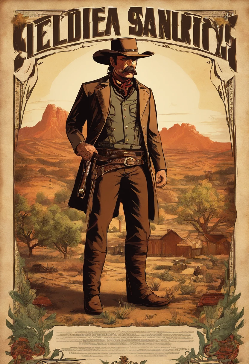 Full body picture of sheriff Curtis Malloy from Red Dead Redemption 2, detailed portrait, vintage illustration, high-res, realistic colors, intricate drawing, aged paper texture, vibrant colors, dramatic lighting, full body shot, Nevada hat, nothing but mustache, full body from feet to top. a American eastern 1899 town background, with grass and trees
