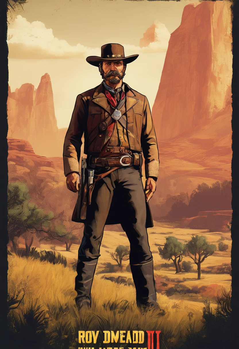 Full body picture of sheriff Curtis Malloy from Red Dead Redemption 2, detailed portrait, vintage illustration, high-res, realistic colors, intricate drawing, aged paper texture, vibrant colors, dramatic lighting, full body shot, Nevada hat, nothing but mustache, full body from feet to top. a American eastern 1899 town background, with grass and trees