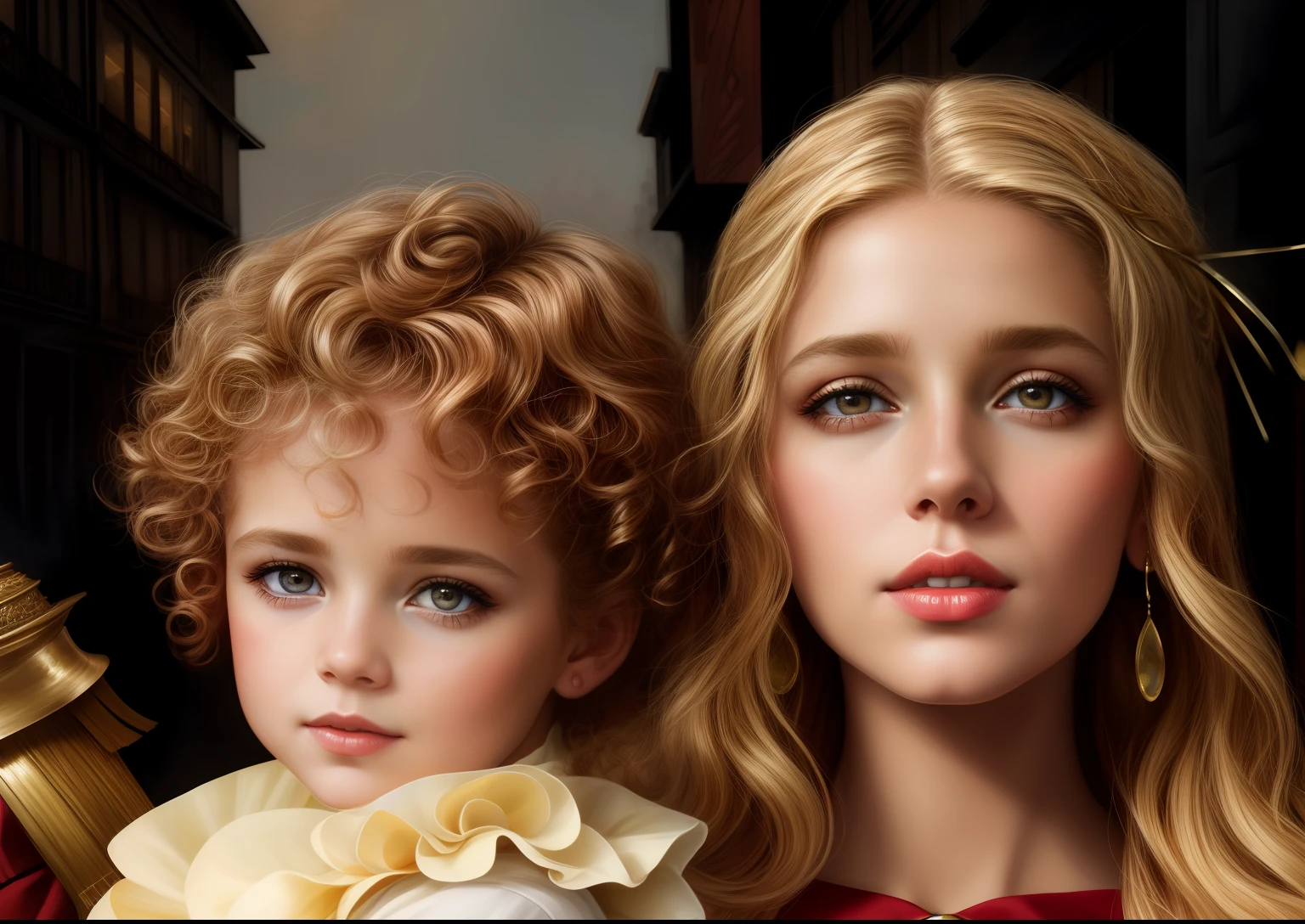 (Masterpiece) 8K resolution, mother holding , father cuddling, mother has blonde long hair, green gentle eyes, father beige blonde short hair, turquoise blue eyes, kind smile, fantasy style,