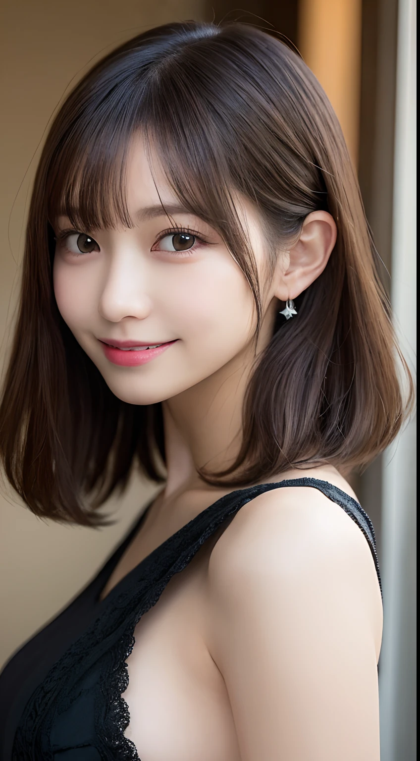masutepiece, Best Quality, Illustration, Ultra-detailed, finely detail, hight resolution, 8K Wallpaper, Perfect dynamic composition, Beautiful detailed eyes, doress,Medium Hair, mid-chest, Natural Color Lip, Random and sexy poses,Smile,Aoyama Street Walk、20 years girl、Too much exposure、Knit no shoulder(amarelo)、Exposing the chest、Slid