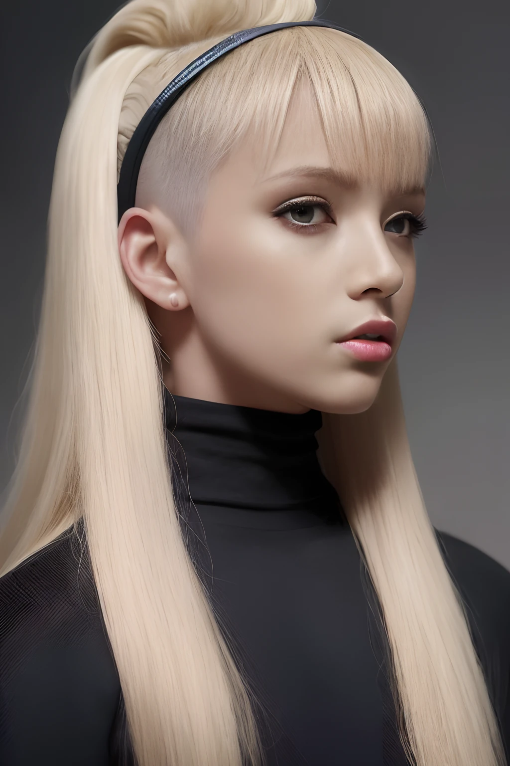 a 20 yo woman, Blonde, (hi-top fade:1.3), Dark theme, Soothing tones, Muted colors, High contrast, (Natural Skin Texture, Hyper-Realism, Soft light, sharp),A large hair accessory is on the head、Looking at the camera