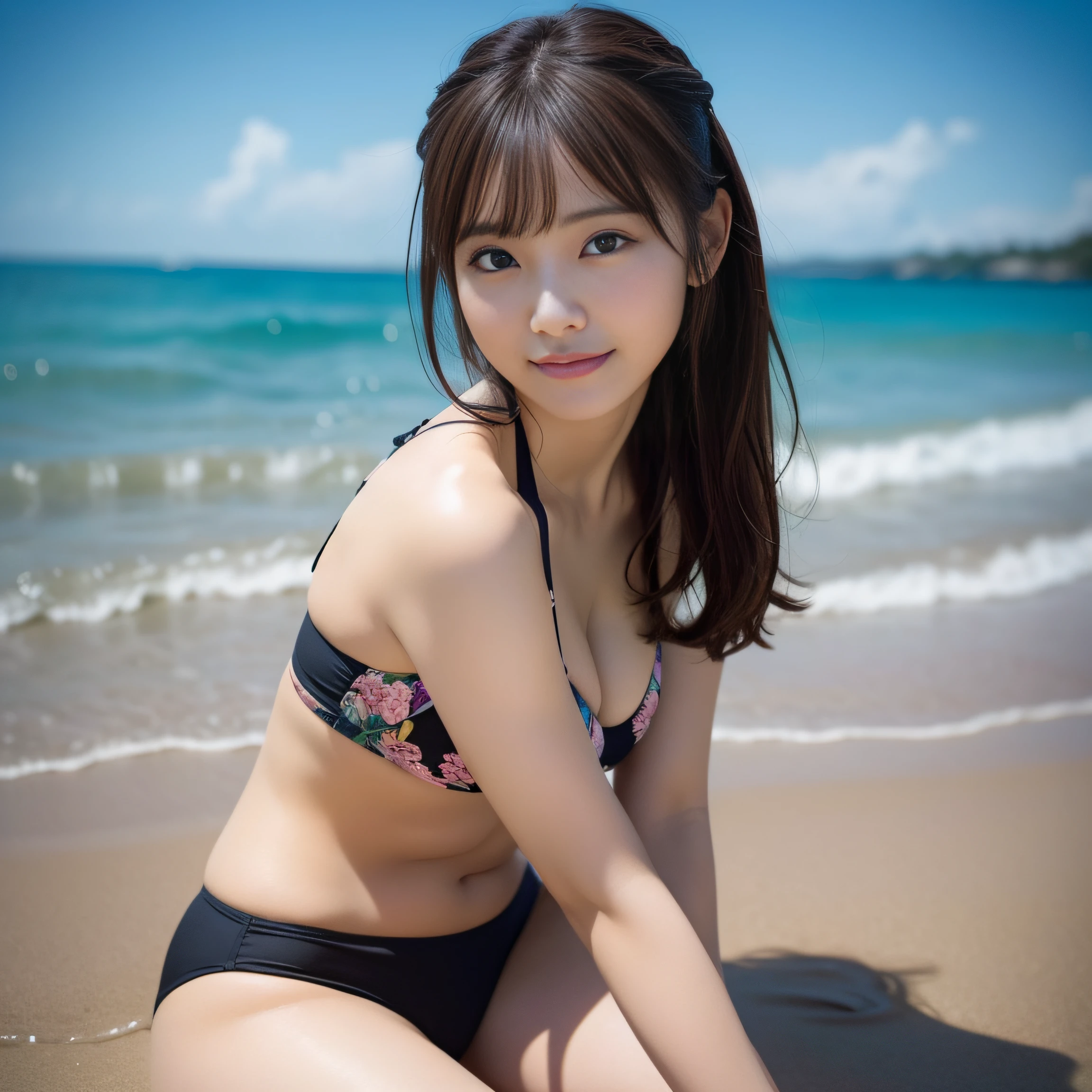 in 8K,Best Quality:1.4, 超A high resolution:1.5, (Photorealistic:1.4),​masterpiece:1.2,(top-quality:1.4)、 Raw photo、 (From the knee up:1.4), (the background is blurred), sea side, sand beach, 1日本人の女の子, Cute、middlebreasts:1.5、 (Solo), (Shy smile), Smooth skin、Floral Bikini:1.3、Beautiful black eyes、natural skin textures:1.3, realistic eyes and face details:1.8、 (Brown medium hair,Bangs), (touch hair:1.4)、nogizaka,Colorful swimsuit with cute floral pattern,Supple fingertips、Beautiful black eyes、natural skin textures:1.3, realistic eyes and face details:1.7、Sexy pose sculpture：1.4、gazing at viewer、thighs thighs thighs thighs、middlebreasts、FULL BODYSHOT:1.3、beauty legs、Backshots