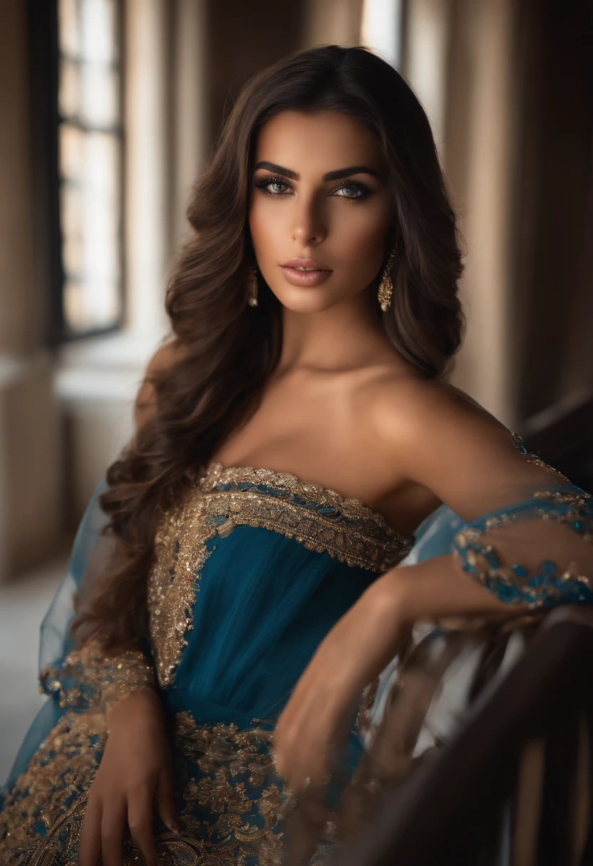 Femme Arabe en robe, fille sexy aux yeux bruns, Portrait, cheveux bruns court et grands yeux, Selfie d'une jeune femme, Yeux bleu, maquillage naturel, looking straight at camera, Visage, Maquillage subtil, Superbe photo du corps entier, Realistic skin with some defects