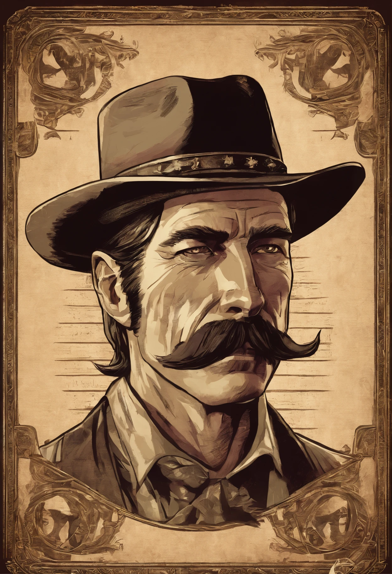 Full body picture of sheriff Curtis Malloy from Red Dead Redemption 2, detailed portrait, vintage illustration, high-res, realistic colors, intricate drawing, aged paper texture, vibrant colors, dramatic lighting, full body shot, Nevada hat, nothing but mustache, full body from feet to top.