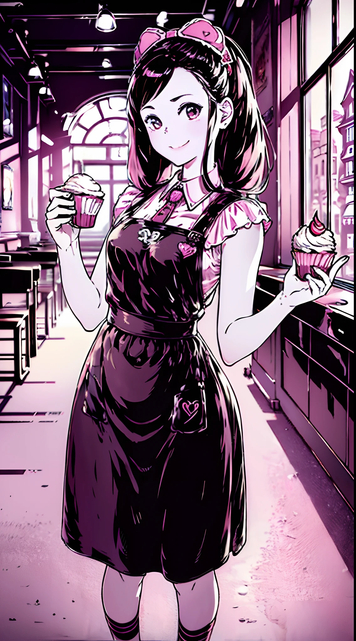 beautiful and aesthetic, official art, intricate details, ultra detailed, cinematic lighting, detailed shadow, beautiful detailed face, colorful, (romance theme, pink theme), ((modern high school)), cafeteria, (single girl: petite body, fair skin, full body, baking, pastry chef, (cupcake accessory), apron dress, heart tattoo, baking skills, sweet smile), 8k, UHD, HDR, (Masterpiece:1. 5), (best quality:1. 5)