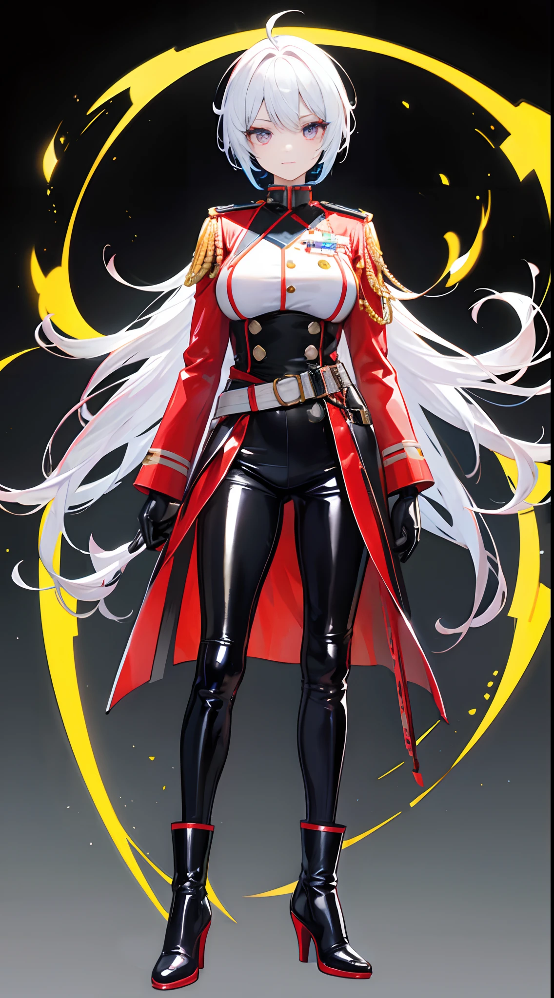 Full body like，Solo，idoly，Cheerful expression，Colorful fluorescent hair，German military uniform，Super-heeled latex boots，latex glove，White skin，Colored eyes and nails，Crossed waist with one hand，stand posture，Blank background，simplebackground