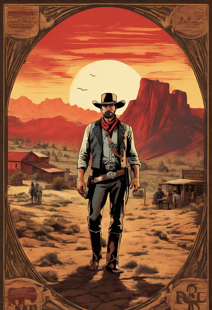 《Red Dead Redemption 2》Full body photo of Lieutenant Sergeant Curtis Malloy, Detailed portrait, Vintage illustration, High-res, Realistic colors, intricate drawing, Aging paper texture, Vibrant colors, Dramatic lighting, Full body shot, Nevada cap, Only mustache, The whole body from the feet to the top. Background of towns in the eastern United States in 1899, There are grasses and trees,In a small town